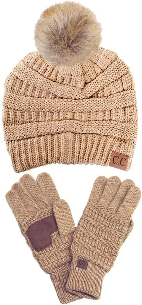 2pc Winter Warm Soft Stretch Cable Knit Faux Fur Pom Pom Beanie with Matching Gloves Set
