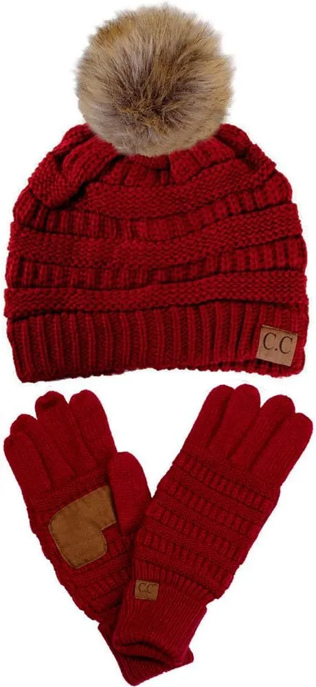 2pc Winter Warm Soft Stretch Cable Knit Faux Fur Pom Pom Beanie with Matching Gloves Set