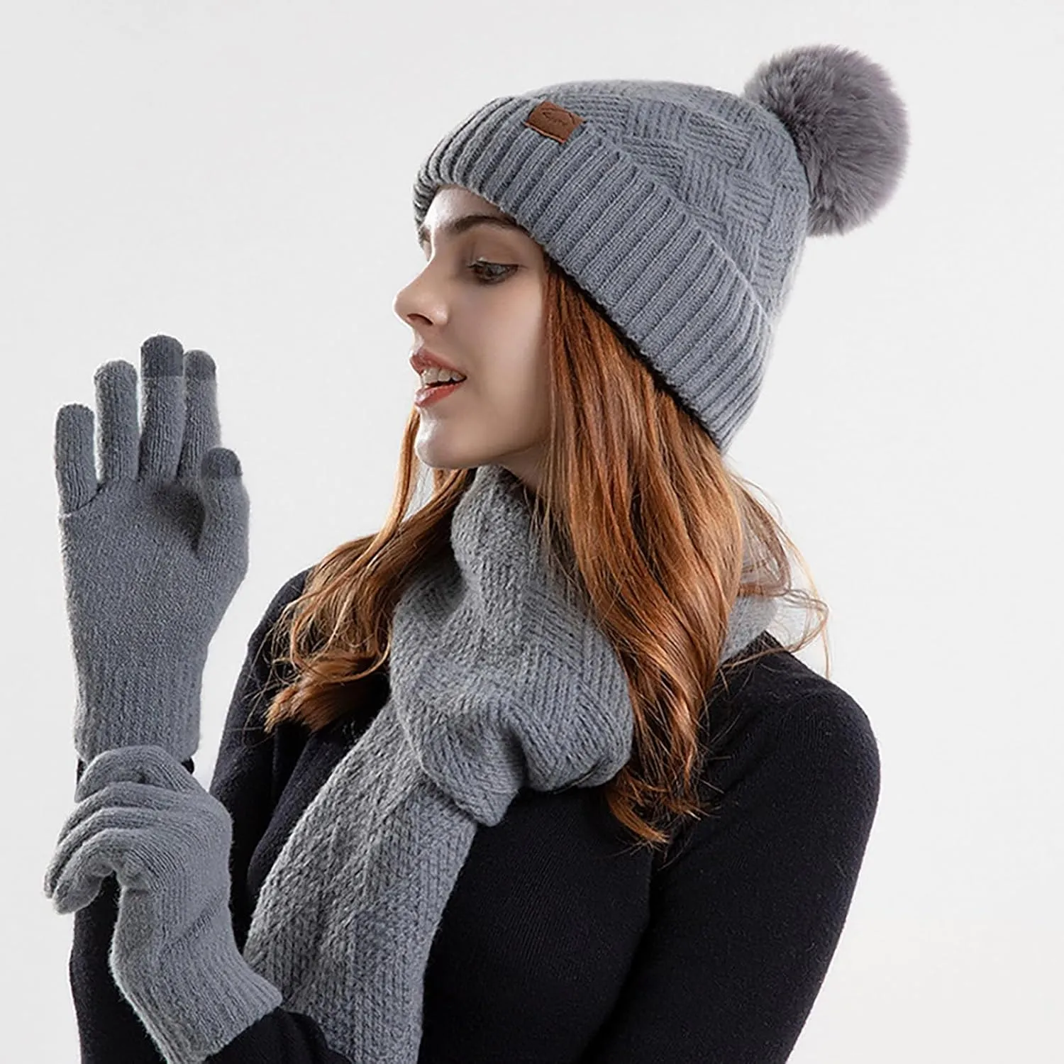 3 Pcs Hat Scarf Gloves Set for Women Men Winter Soft Knit Solid Color Hat and Neck Warmer Gloves Set