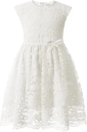 ALLOVIN Girls and Toddler Sleeveless A-Line Lace Party Dress Flower Girl Princess Dress with Beaded Bowknot 2-12 Years