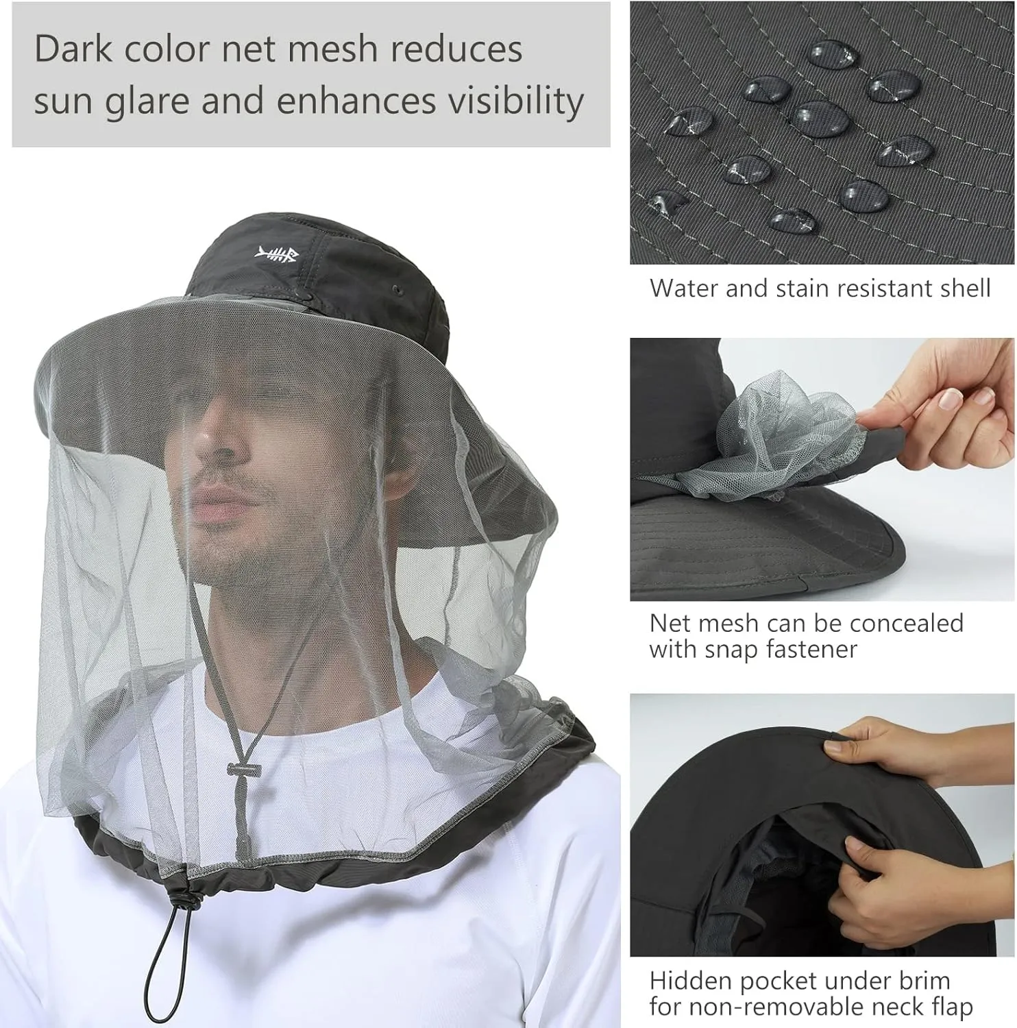 BASSDASH UPF 50  Mosquito Sun Hat with Hidden Head Net and Neck Flap for Men Women Outdoor Fishing Hiking Camping FH16