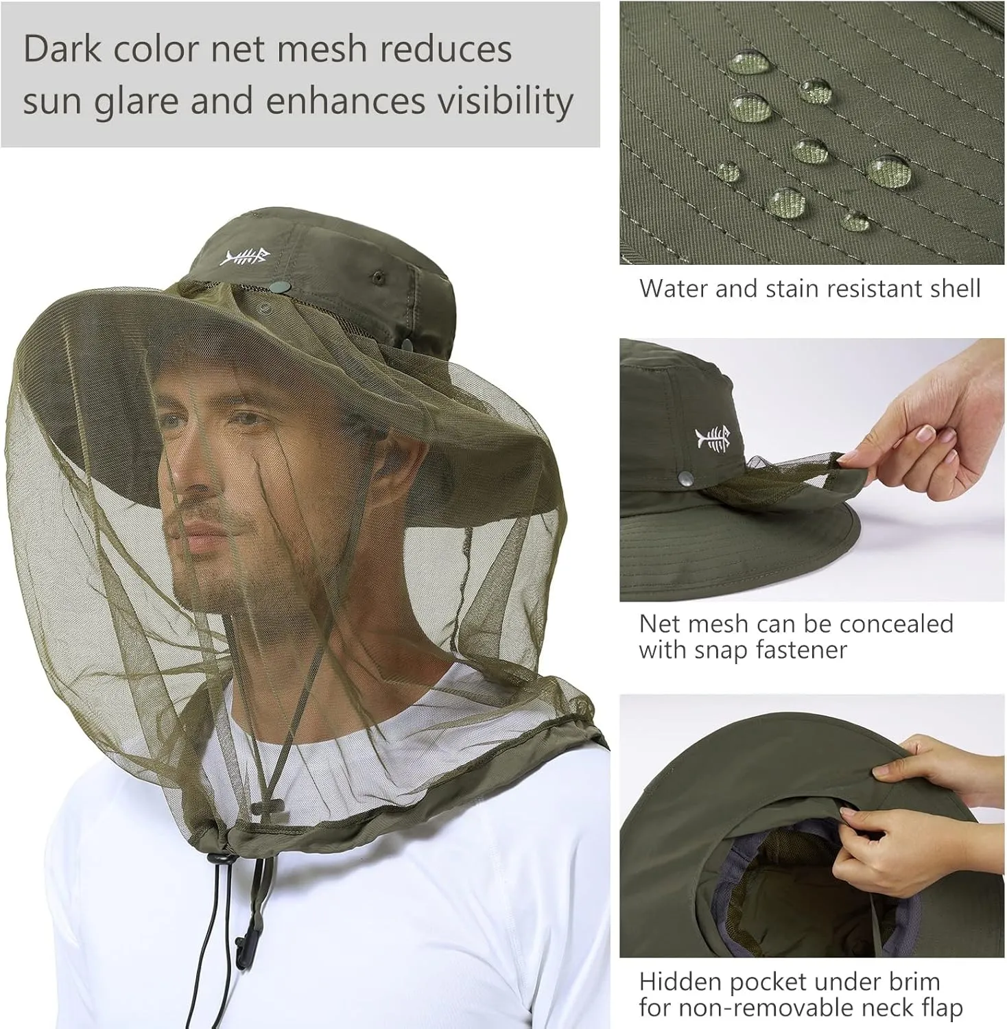 BASSDASH UPF 50  Mosquito Sun Hat with Hidden Head Net and Neck Flap for Men Women Outdoor Fishing Hiking Camping FH16