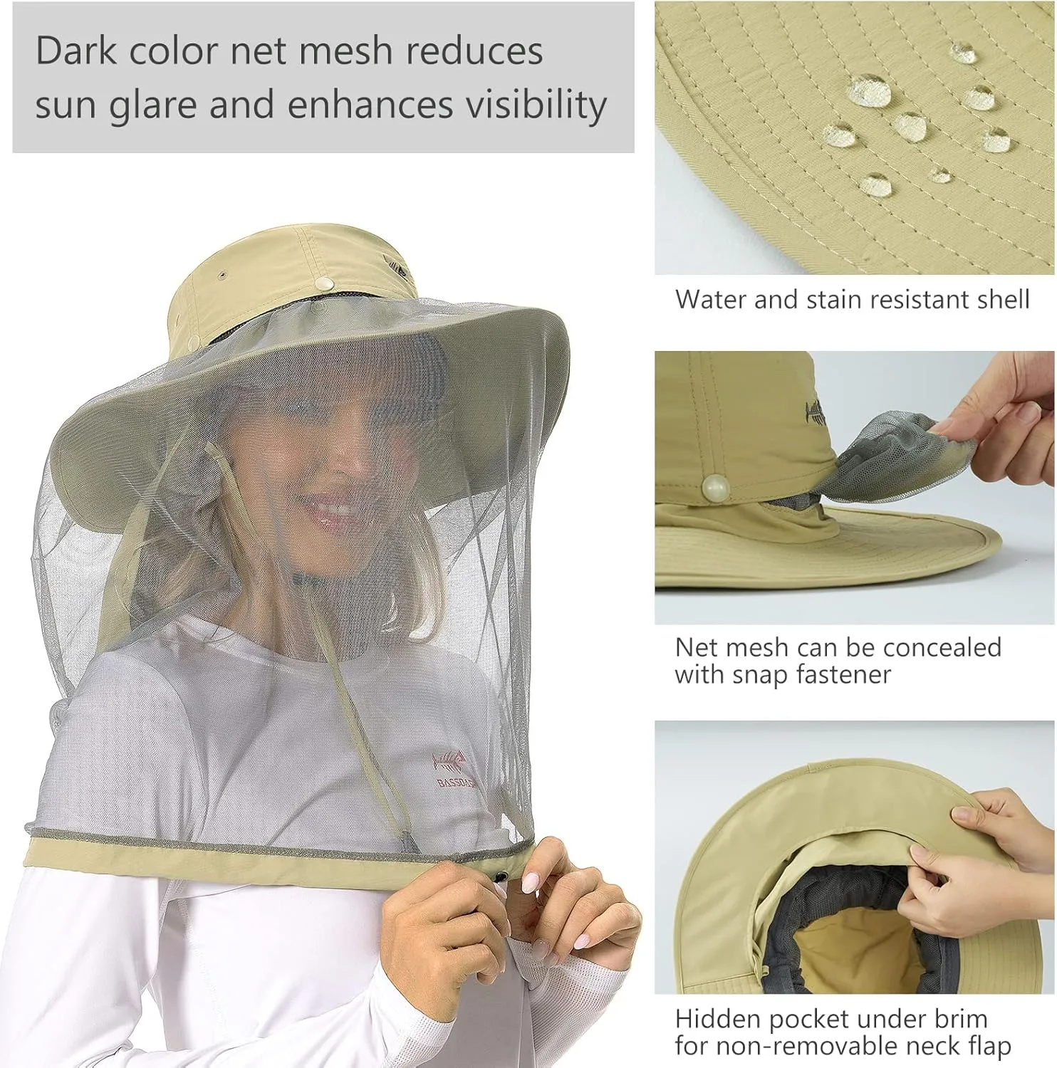 BASSDASH UPF 50  Mosquito Sun Hat with Hidden Head Net and Neck Flap for Men Women Outdoor Fishing Hiking Camping FH16