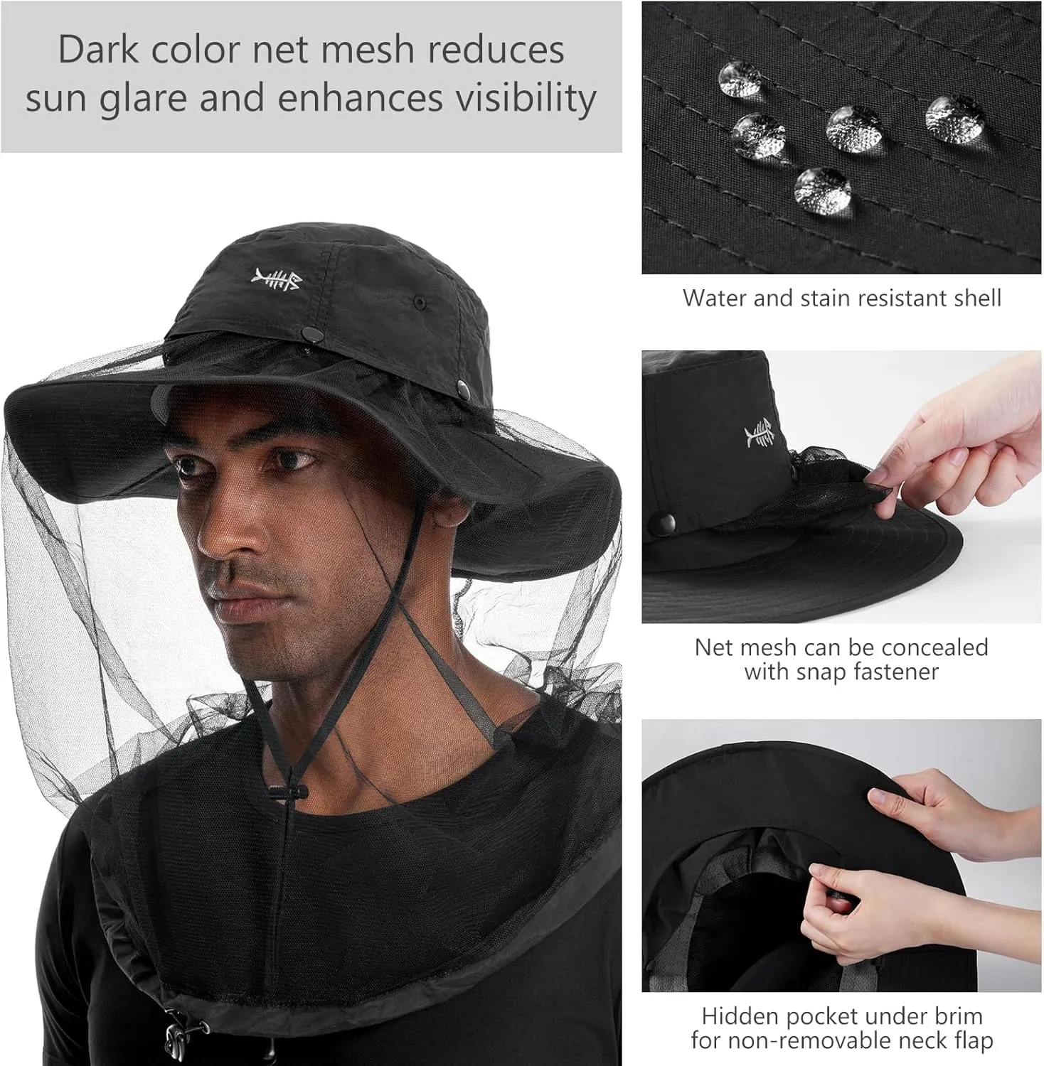 BASSDASH UPF 50  Mosquito Sun Hat with Hidden Head Net and Neck Flap for Men Women Outdoor Fishing Hiking Camping FH16