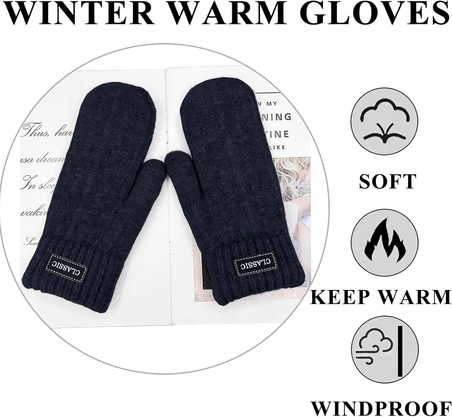 Beurlike Winter Mittens Gloves for Women Warm Fleece Lining Knit Thick Gloves for Cold Weather