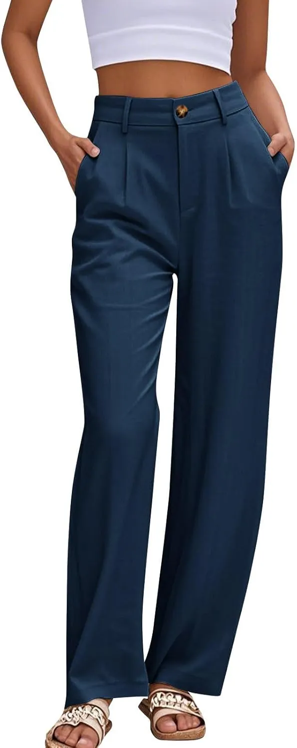 Casual Suit Pants for Women Button Stretch High Waisted Pant Dressy Baggy Solid Color Straight Leg Trousers for Work