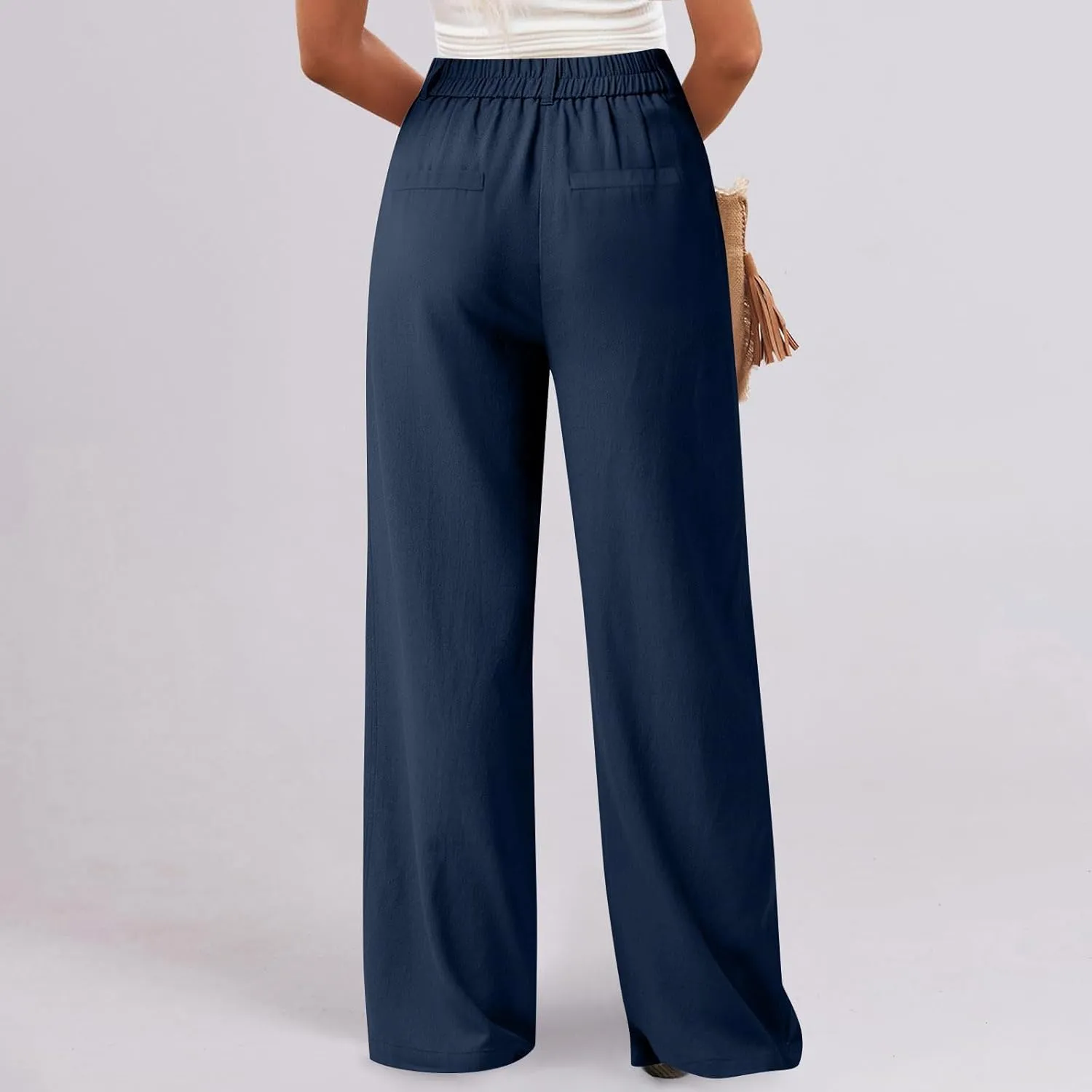 Casual Suit Pants for Women Button Stretch High Waisted Pant Dressy Baggy Solid Color Straight Leg Trousers for Work