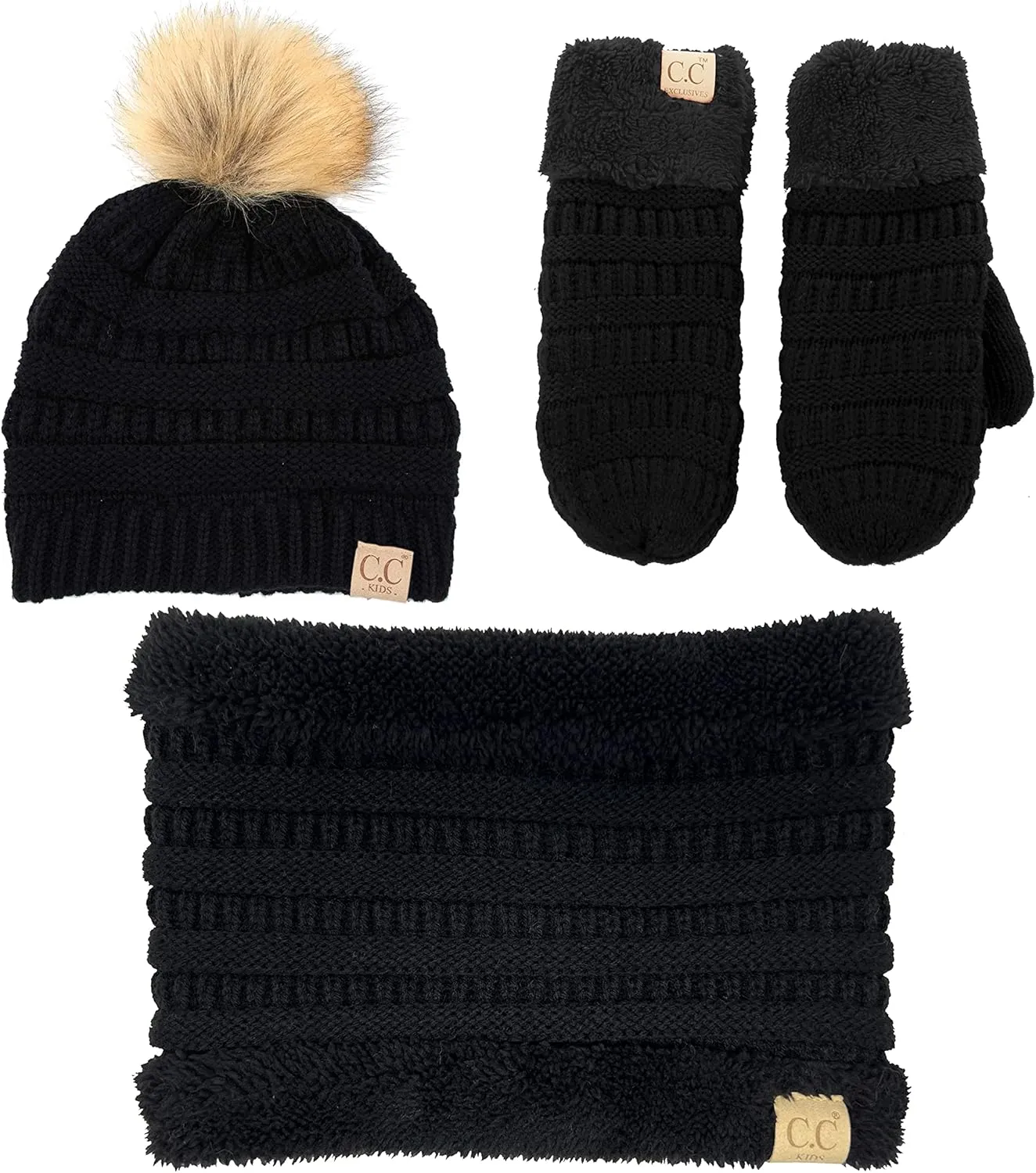 Funky Junque Kids Matching Neck Warmer Scarf Soft Fuzzy Cuff Gloves Mittens Ribbed Knit Pom Pom Beanie Bundle Boy Girl