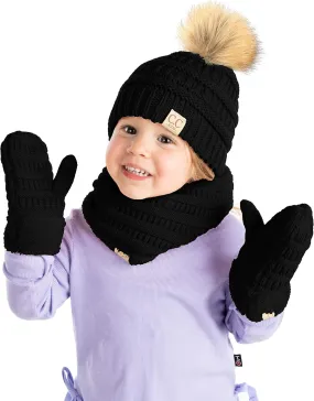 Funky Junque Kids Matching Neck Warmer Scarf Soft Fuzzy Cuff Gloves Mittens Ribbed Knit Pom Pom Beanie Bundle Boy Girl