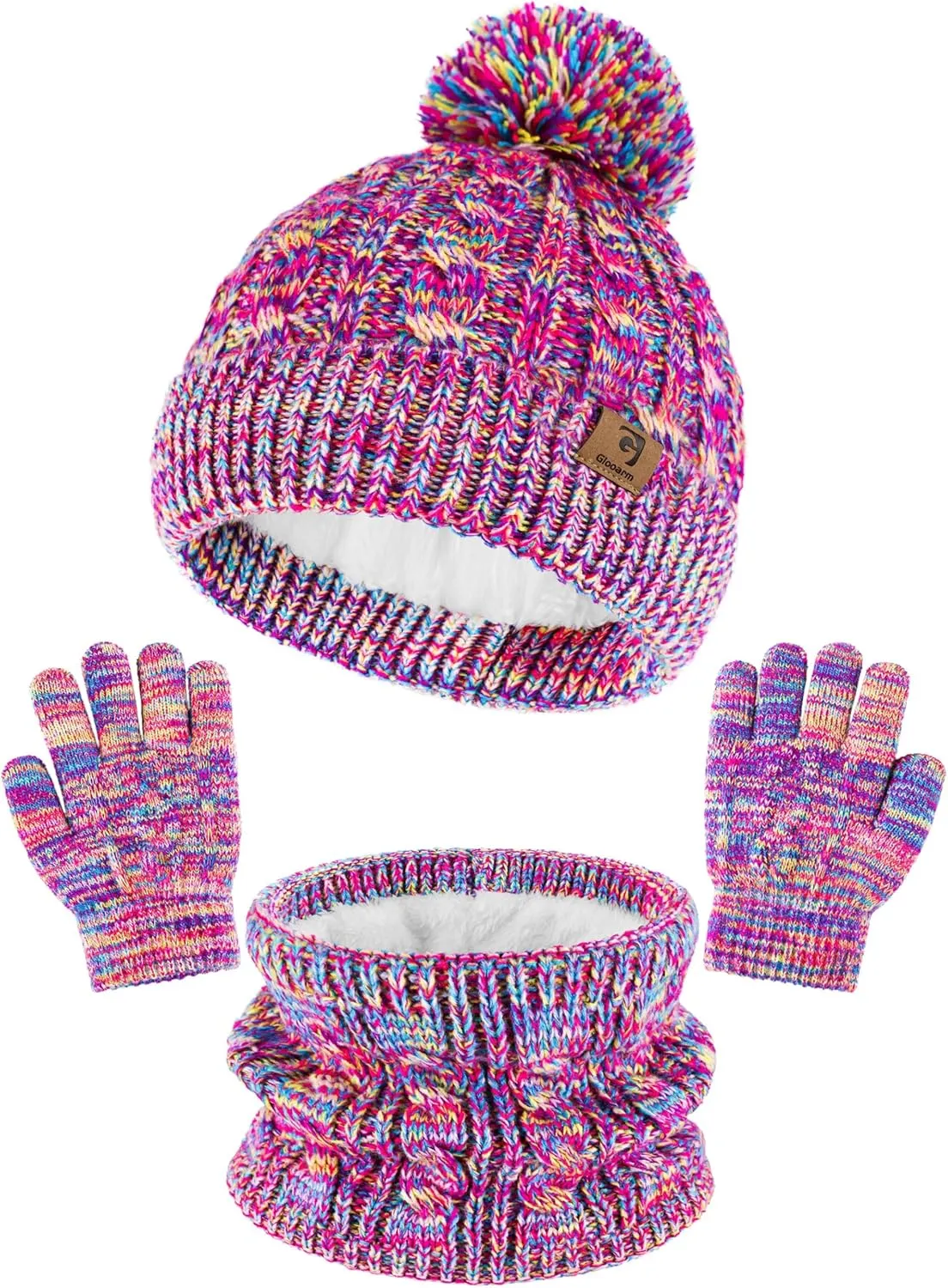 Glooarm Kids Winter Hat Gloves Scarf Set, Girls Toddler Winter Beanie Hat with Pom Knit Neck Warmer Gloves Fleece Lined Set