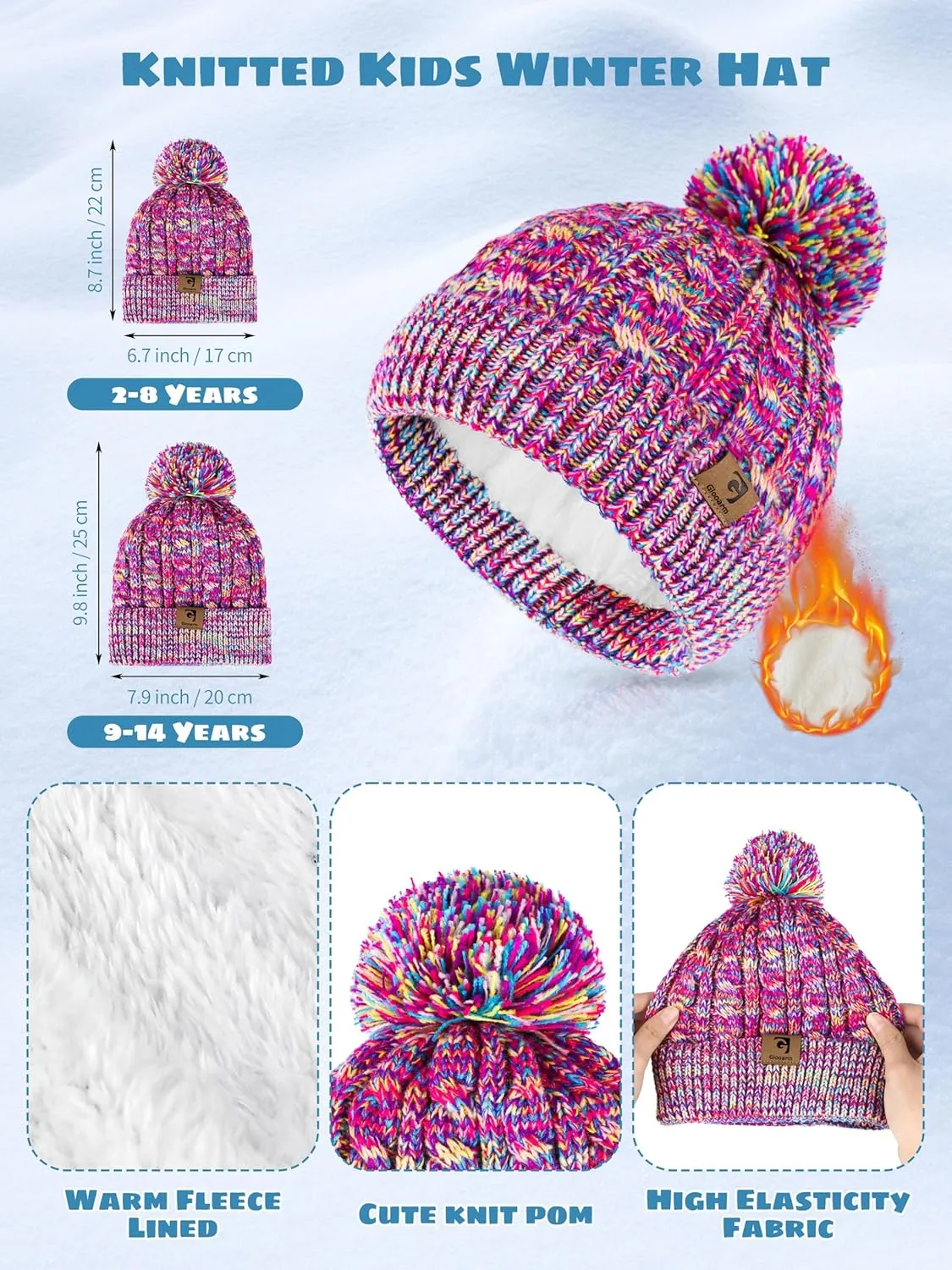 Glooarm Kids Winter Hat Gloves Scarf Set, Girls Toddler Winter Beanie Hat with Pom Knit Neck Warmer Gloves Fleece Lined Set