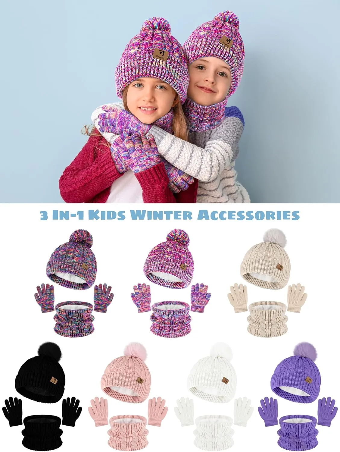 Glooarm Kids Winter Hat Gloves Scarf Set, Girls Toddler Winter Beanie Hat with Pom Knit Neck Warmer Gloves Fleece Lined Set