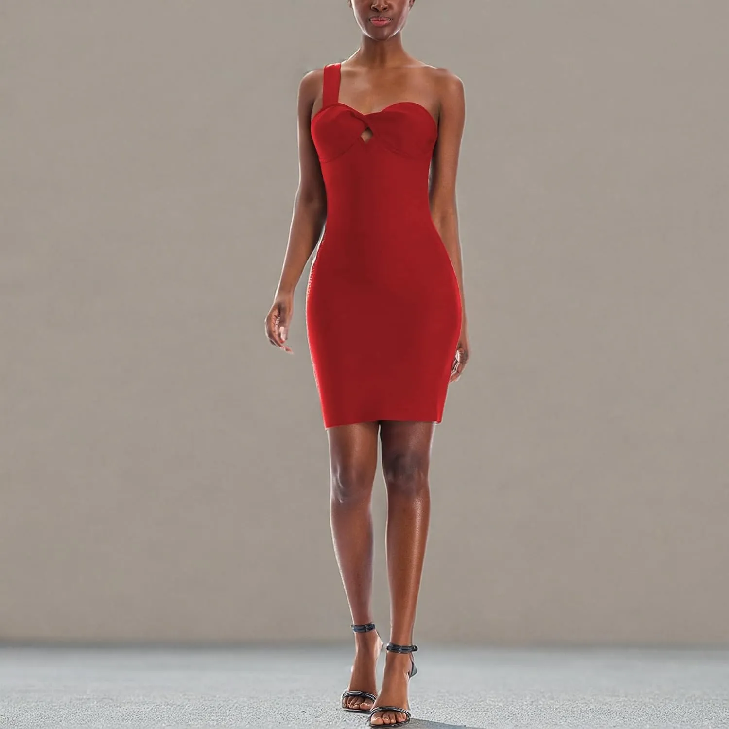 Hybrid & Company Womens Stylish One Shoulder Knotted Bodycon Straps Dress