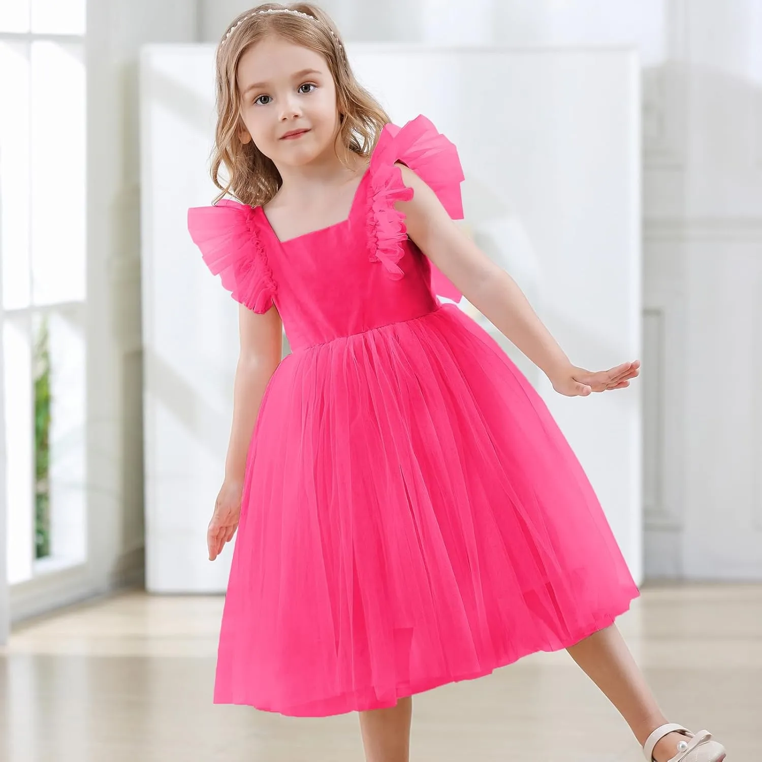 KARETT Toddler Girls Dress Tutu Tulle Flower Party Dress Ruffled Sleeve Dresses Little Girl Kids Wedding Birthday Princess