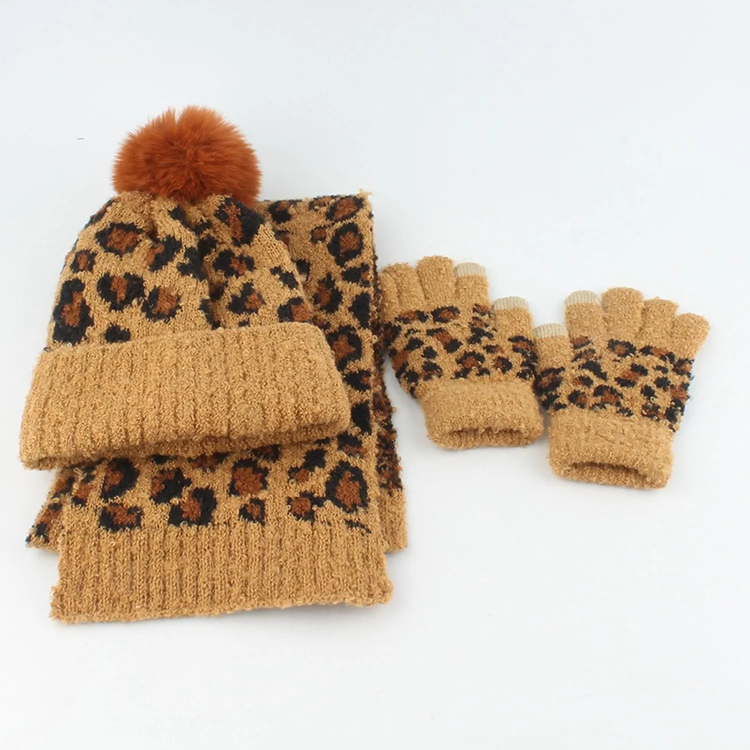 Kids Toddler Winter Beanie Hats Gloves Long Scarf Leopard Print Warm Knit Set Pompom Beanie Neck Warmer Mittens Gifts