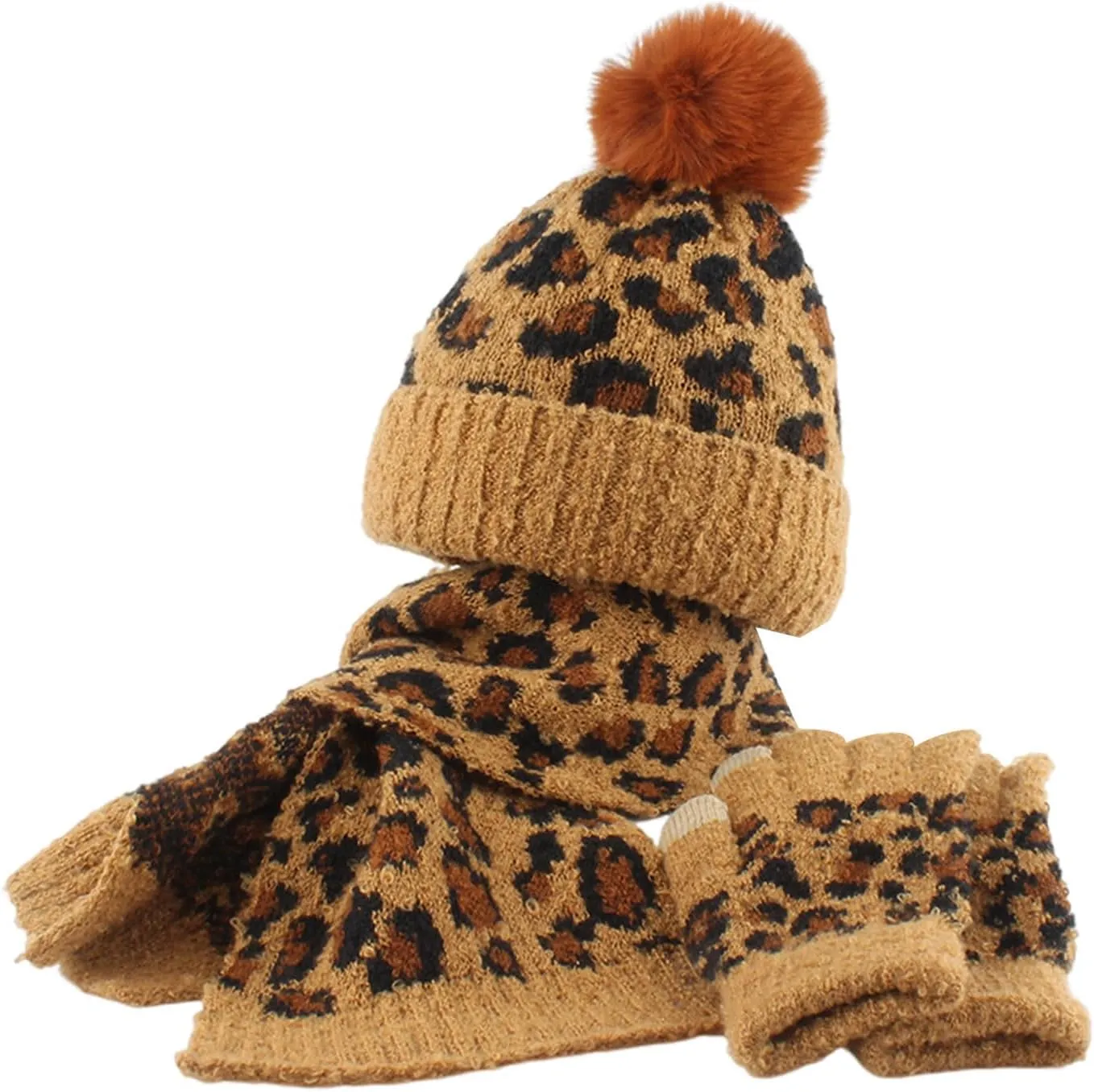 Kids Toddler Winter Beanie Hats Gloves Long Scarf Leopard Print Warm Knit Set Pompom Beanie Neck Warmer Mittens Gifts