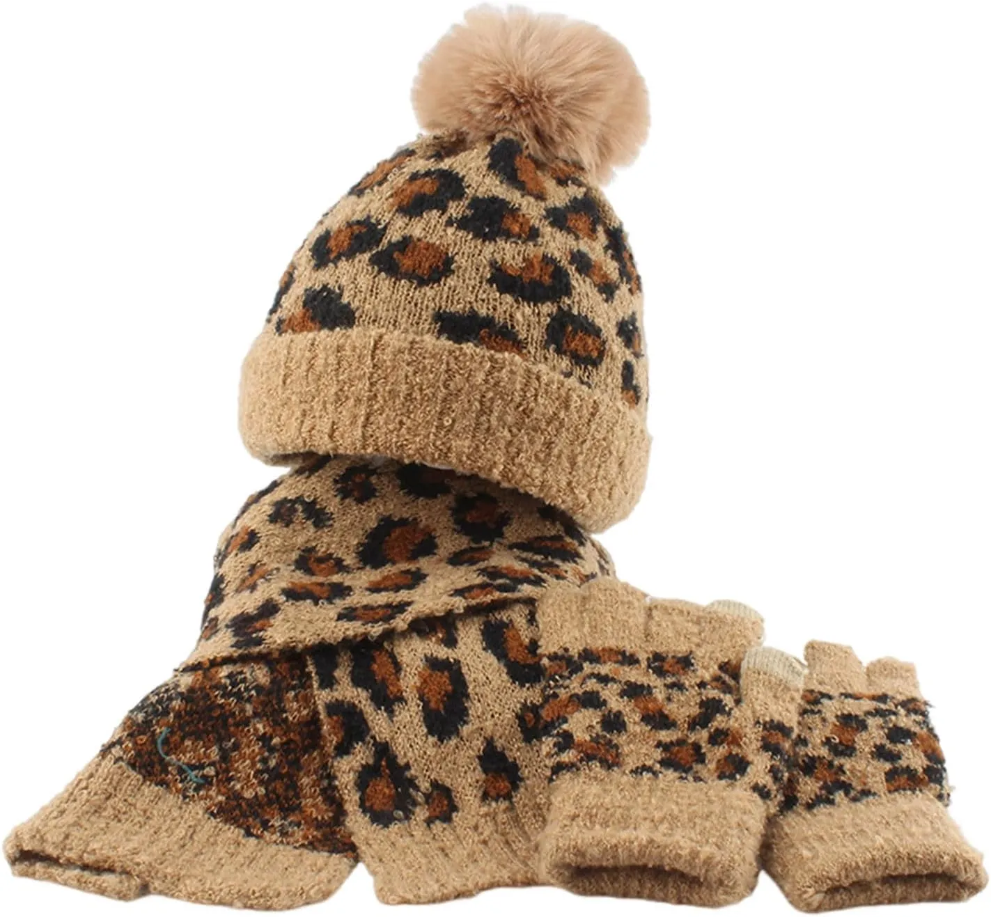Kids Toddler Winter Beanie Hats Gloves Long Scarf Leopard Print Warm Knit Set Pompom Beanie Neck Warmer Mittens Gifts