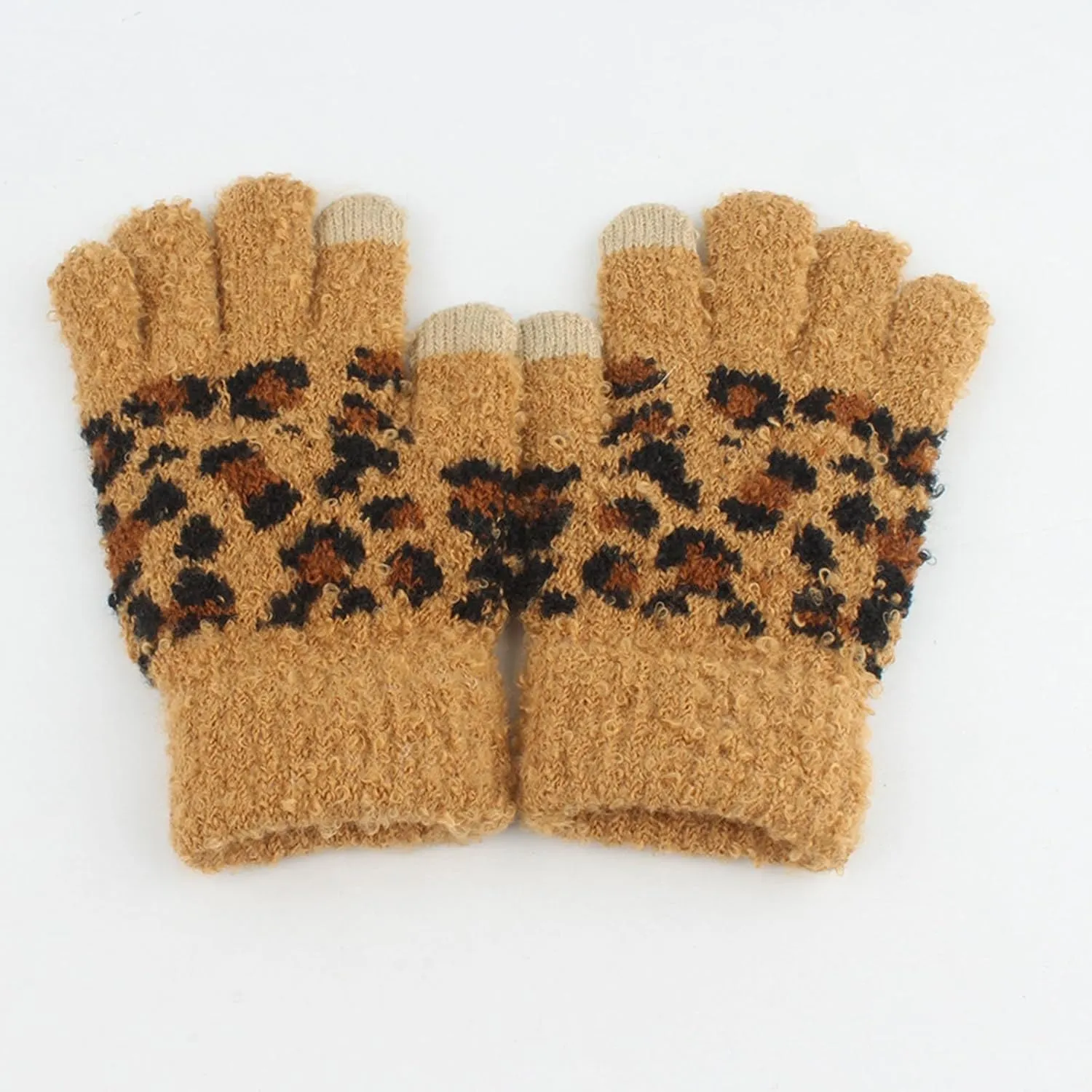 Kids Toddler Winter Beanie Hats Gloves Long Scarf Leopard Print Warm Knit Set Pompom Beanie Neck Warmer Mittens Gifts
