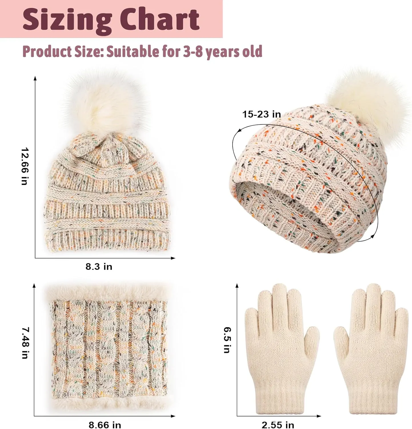 Kids Winter Beanie Hat Scarf Gloves Set for 3-8 Years Old Boys Girls, Thick Warm Knitted Hat Gloves Fleece Lined Scarf Set