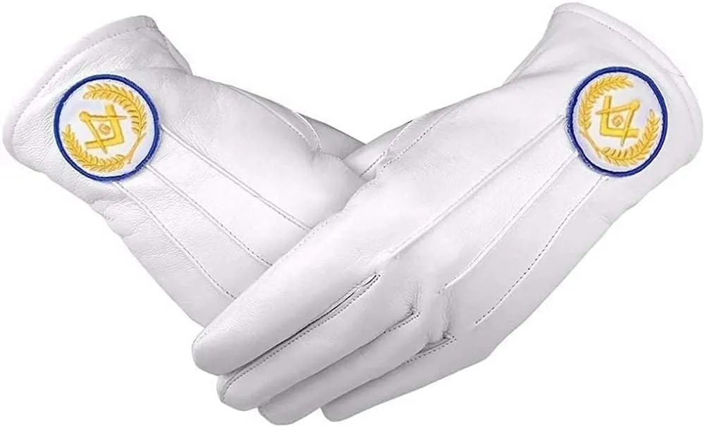 Masonic White Soft Leather Gloves Square Compass & G Yellow Blue