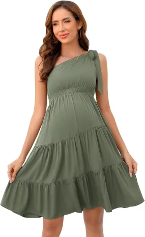 Maternity Dress Women's Summer Tie One Shoulder A Line Flowy Mini Dresses Maternity Dress for Baby Shower