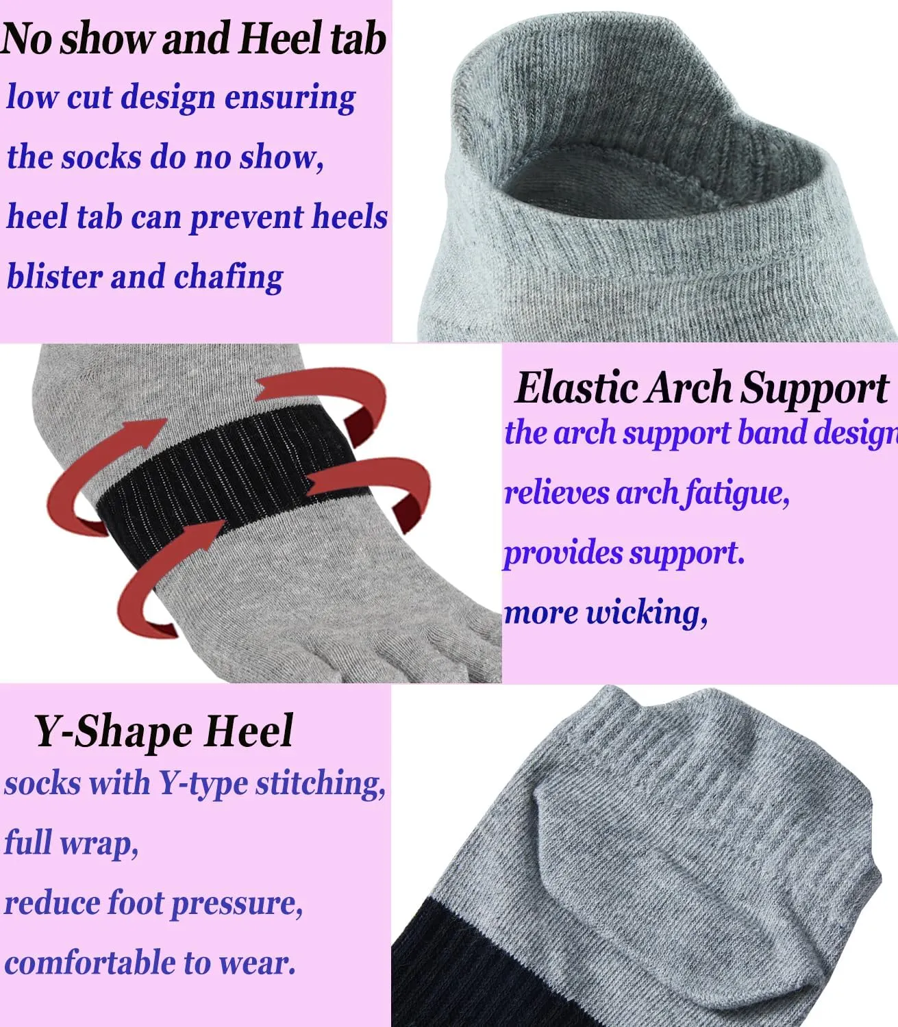 Men Toe Socks No Show Low Cut Athletic Wicking Cotton 5 Finger Split Toe 6 Pack