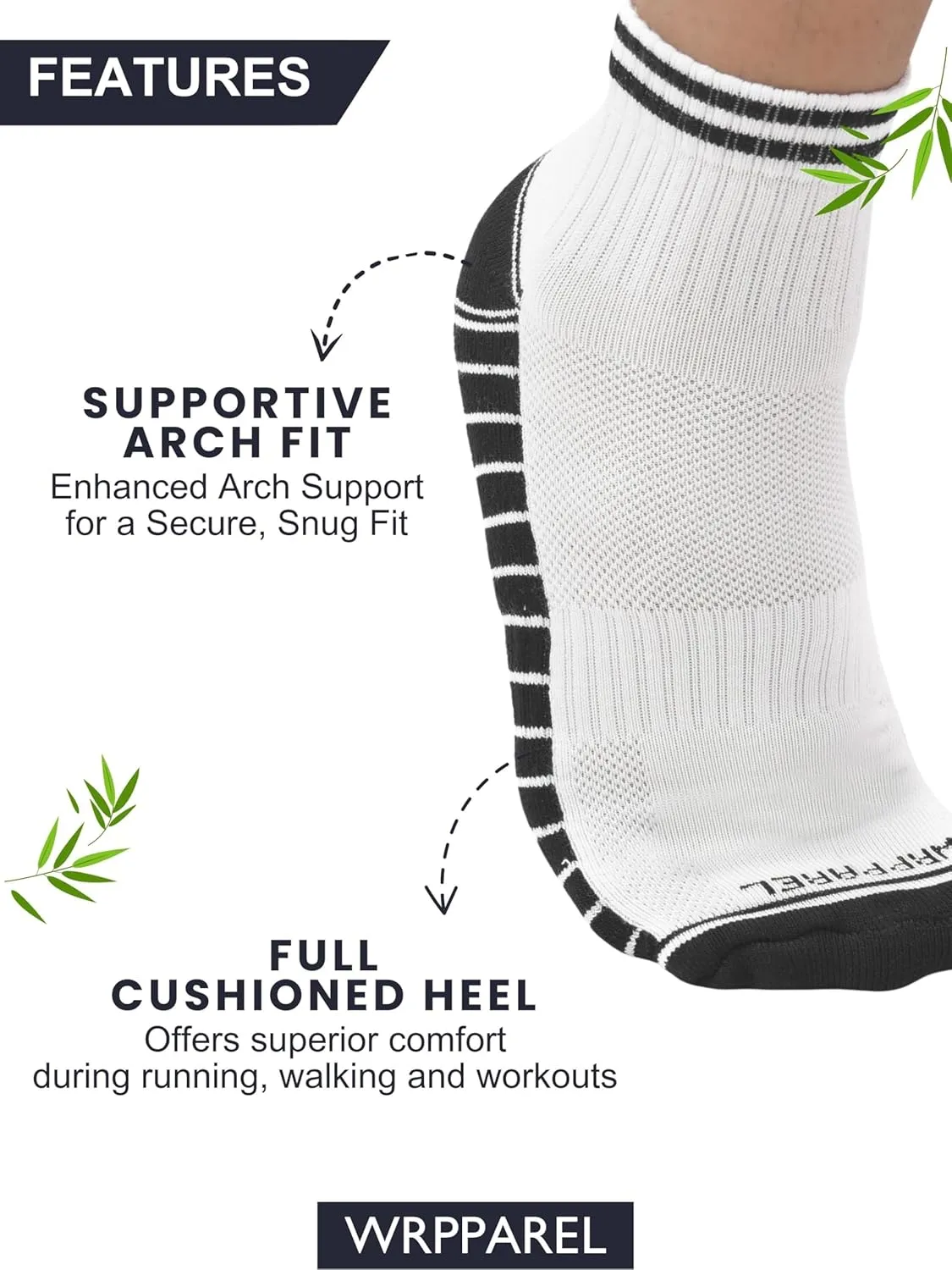 Mens Bamboo Rayon White Ankle Running Socks with Arch Support Moisture Wicking Coshioned Athletic 3 Pairs Size 9-12