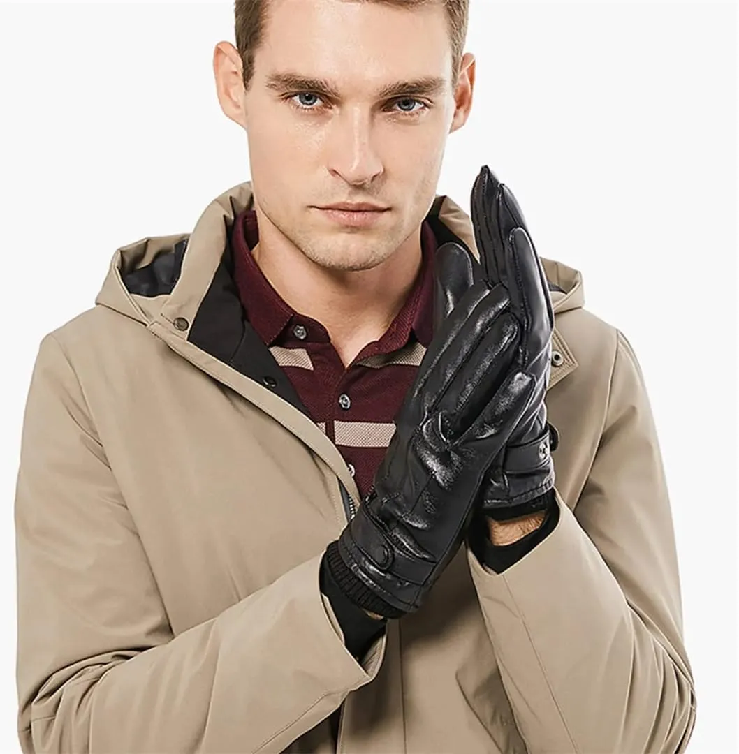 Niiyyjj Winter Sheepskin Leather Men Warm Gloves with Cashmere Lining Driving Cycling Ski Gloves