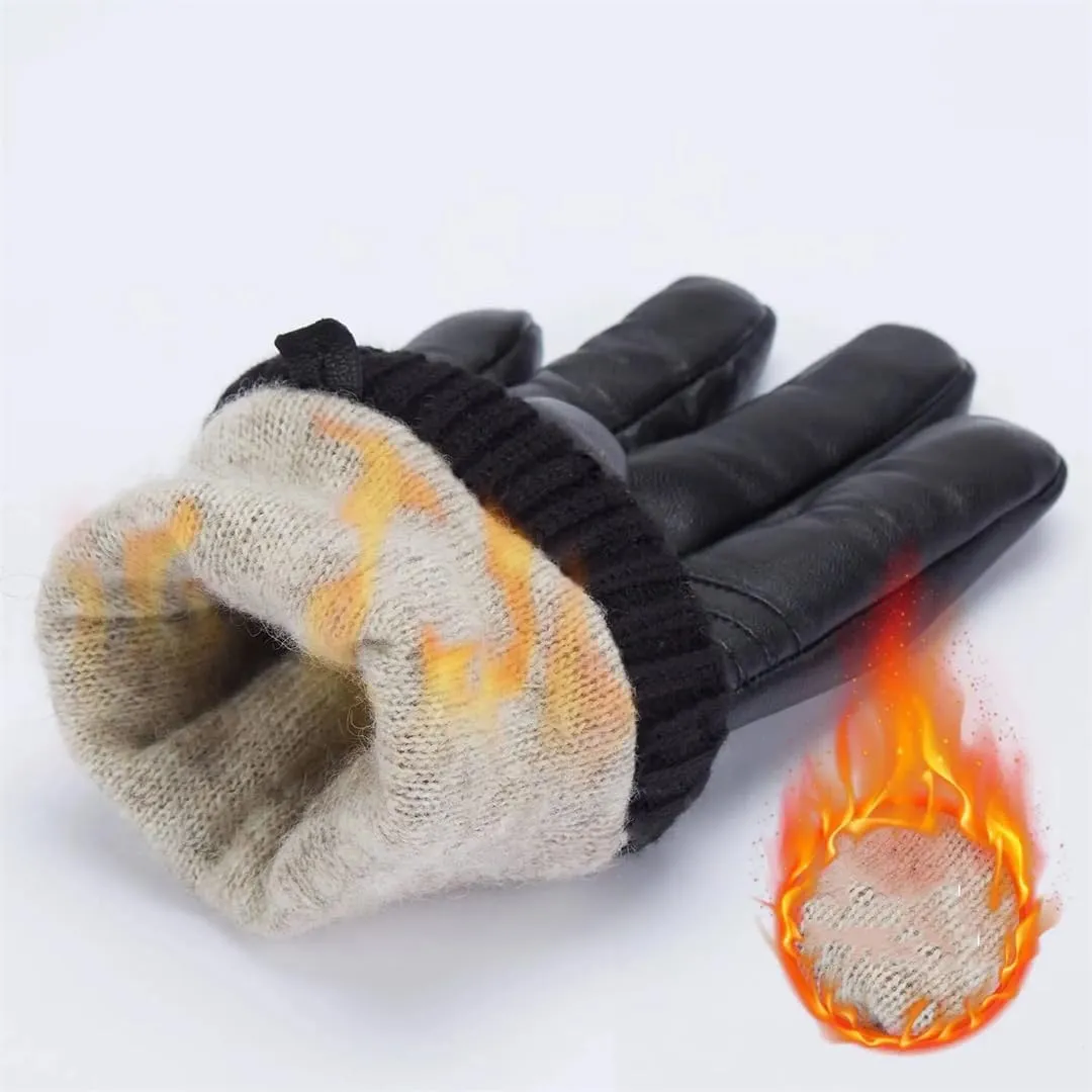 Niiyyjj Winter Sheepskin Leather Men Warm Gloves with Cashmere Lining Driving Cycling Ski Gloves
