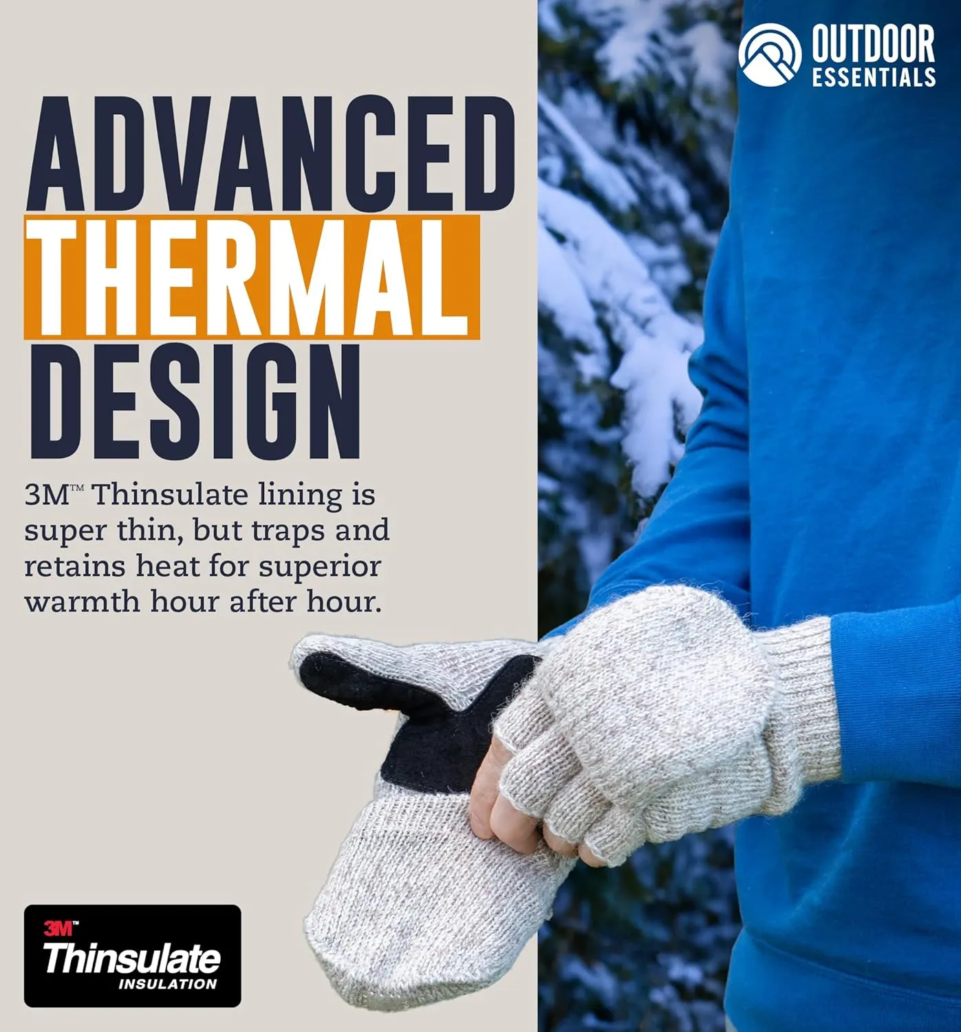OutdoorEssentials Fingerless Winter Gloves Convertible Mittens for Men & Women - Warm Knit Flip Top Wool Mitten Gloves