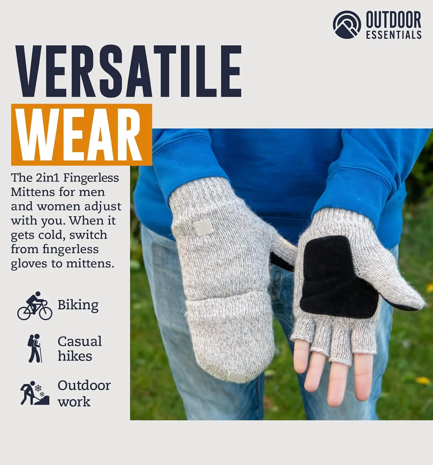 OutdoorEssentials Fingerless Winter Gloves Convertible Mittens for Men & Women - Warm Knit Flip Top Wool Mitten Gloves