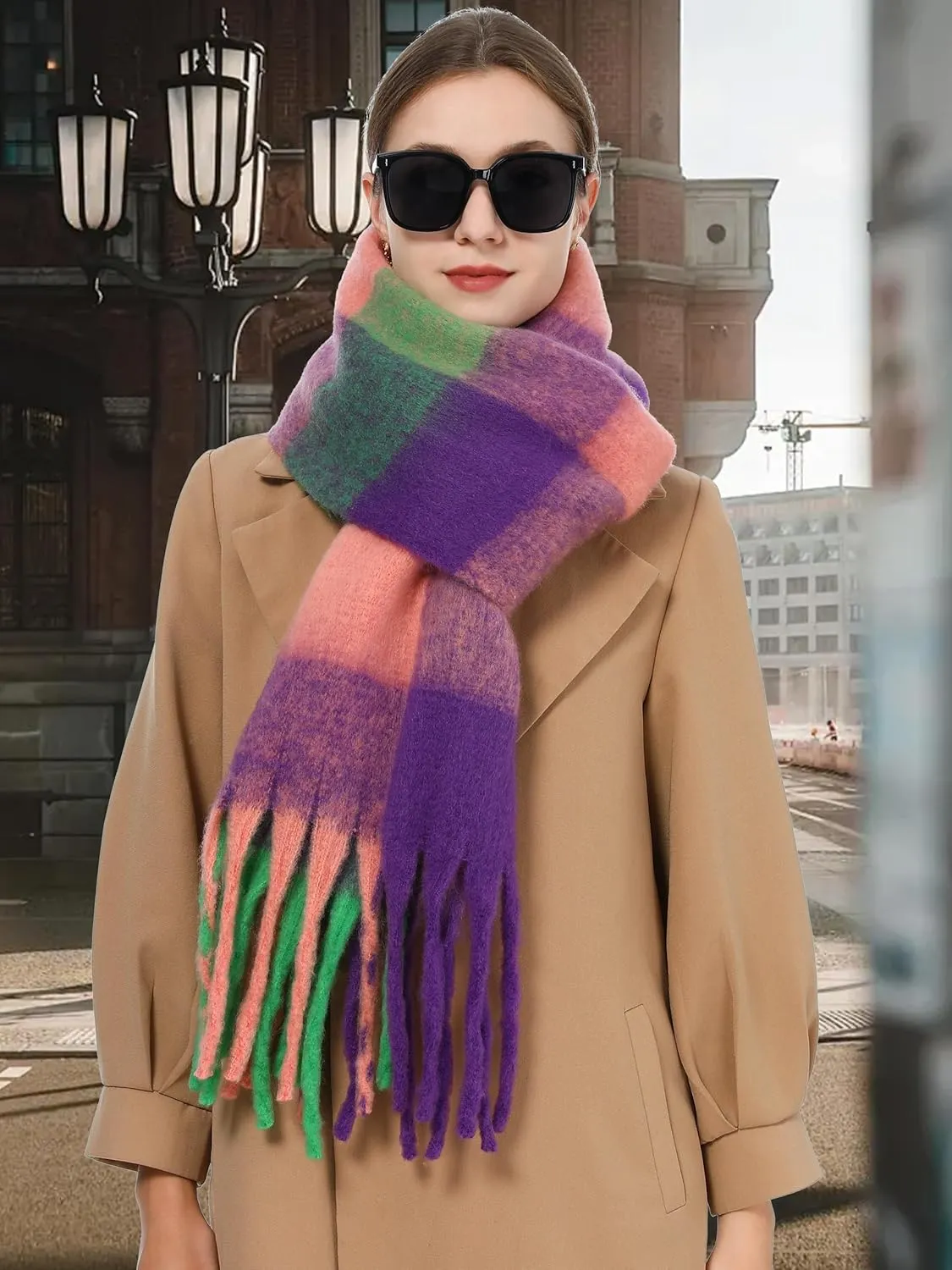 Oversized Blanket Scarf for Women Winter Fall Chunky Plaid Soft Cashmere Feel Thick Scarves with Fringed
