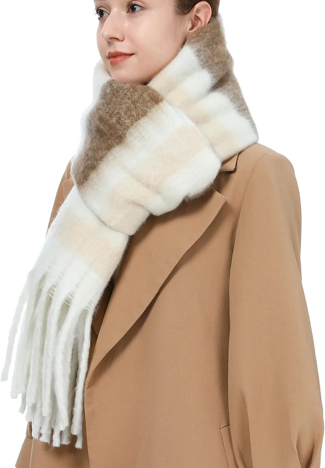 Oversized Blanket Scarf for Women Winter Fall Chunky Plaid Soft Cashmere Feel Thick Scarves with Fringed