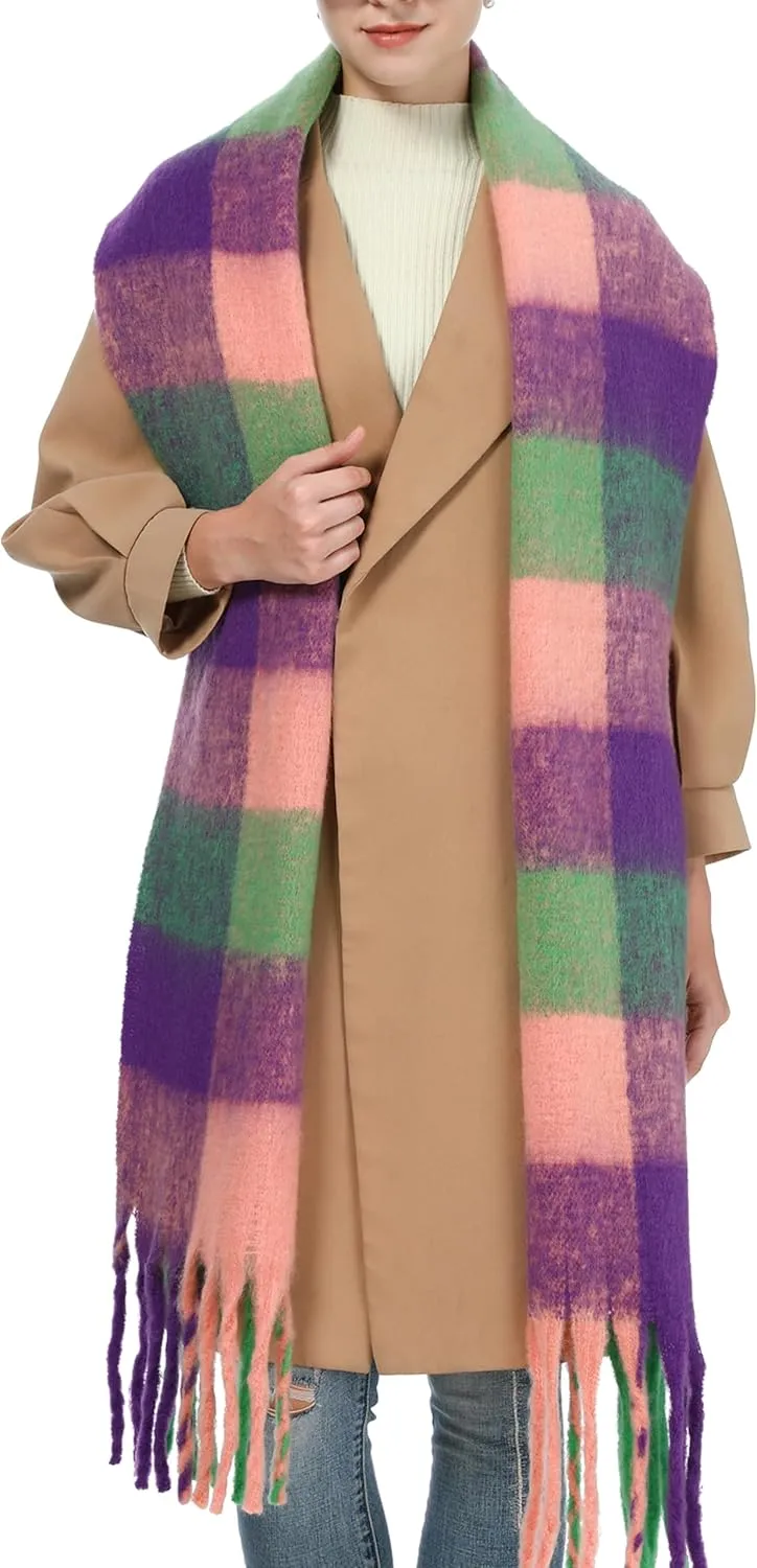 Oversized Blanket Scarf for Women Winter Fall Chunky Plaid Soft Cashmere Feel Thick Scarves with Fringed