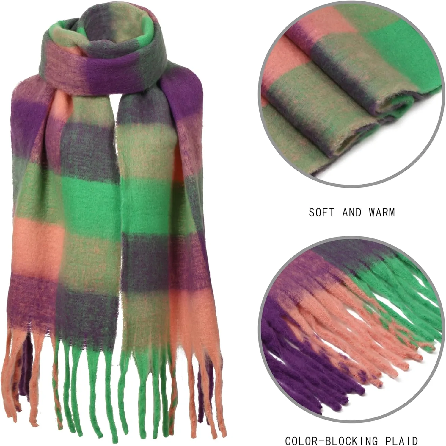 Oversized Blanket Scarf for Women Winter Fall Chunky Plaid Soft Cashmere Feel Thick Scarves with Fringed