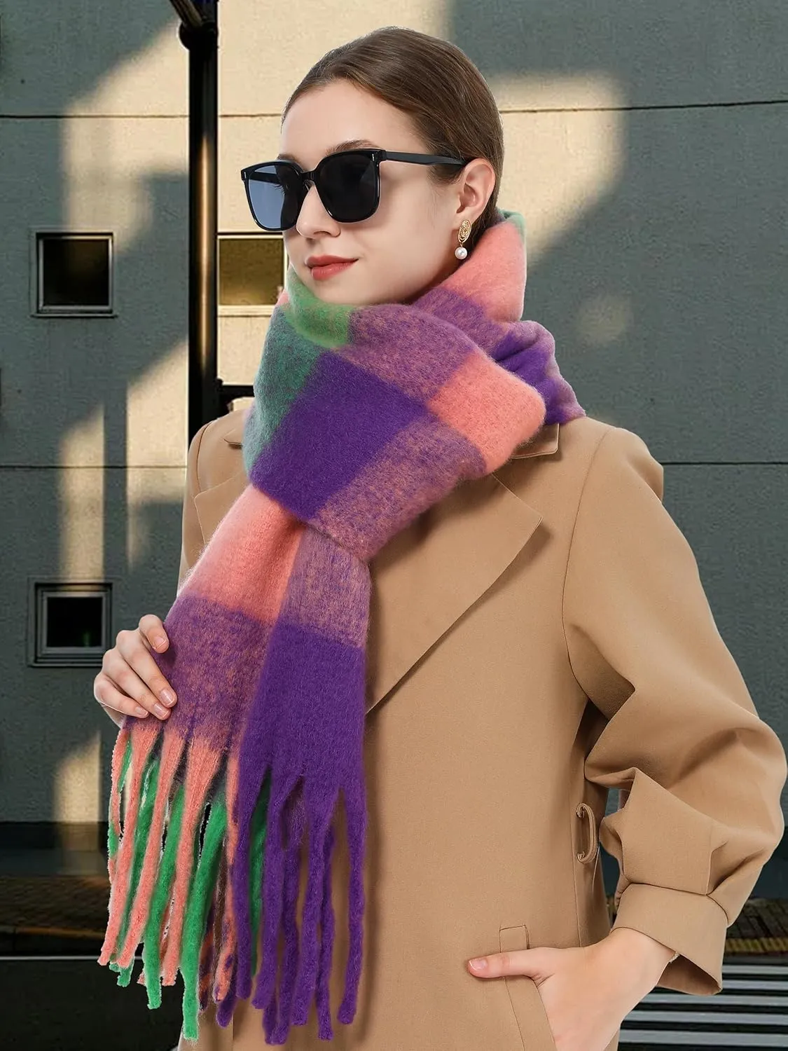 Oversized Blanket Scarf for Women Winter Fall Chunky Plaid Soft Cashmere Feel Thick Scarves with Fringed