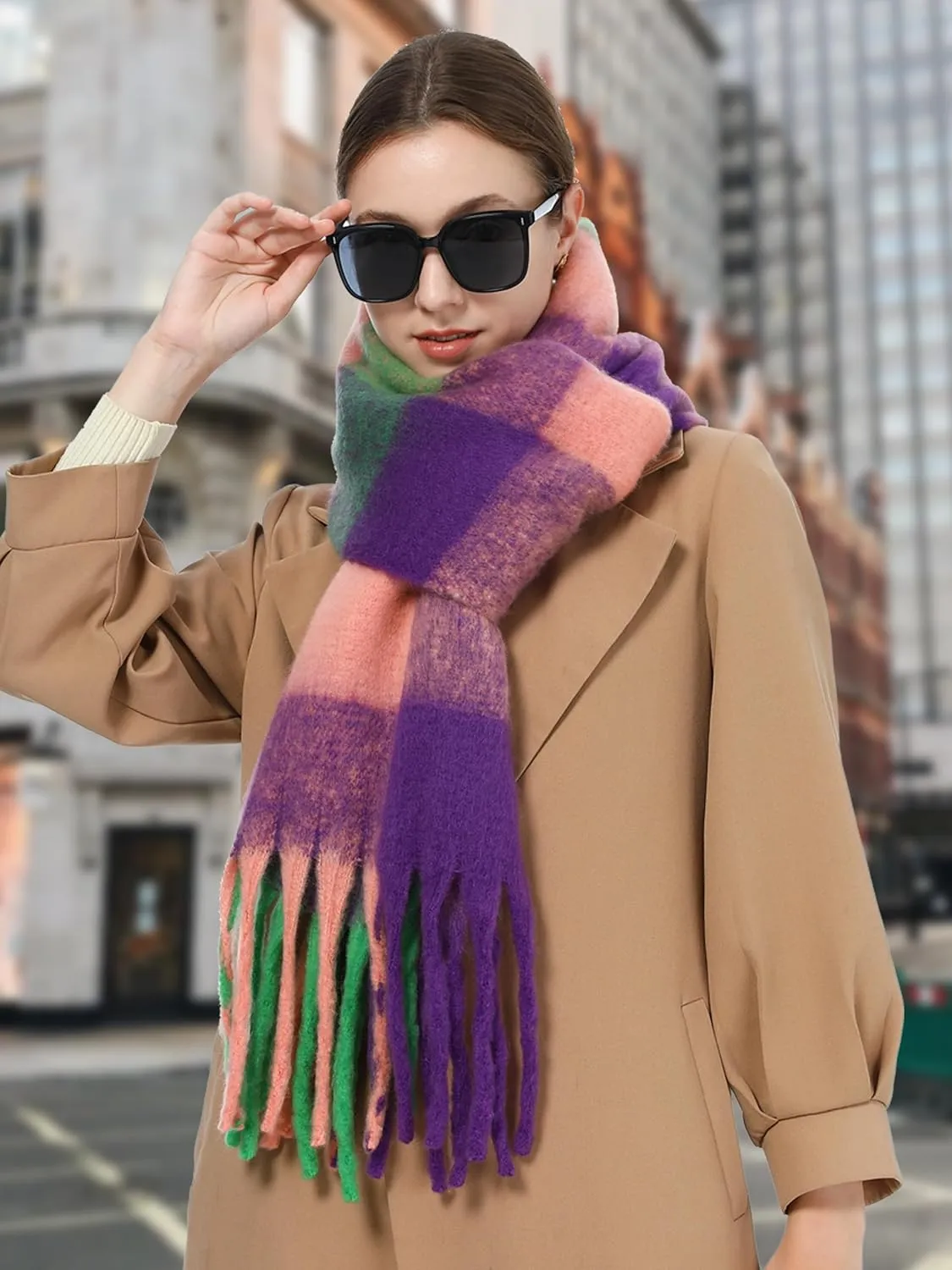 Oversized Blanket Scarf for Women Winter Fall Chunky Plaid Soft Cashmere Feel Thick Scarves with Fringed