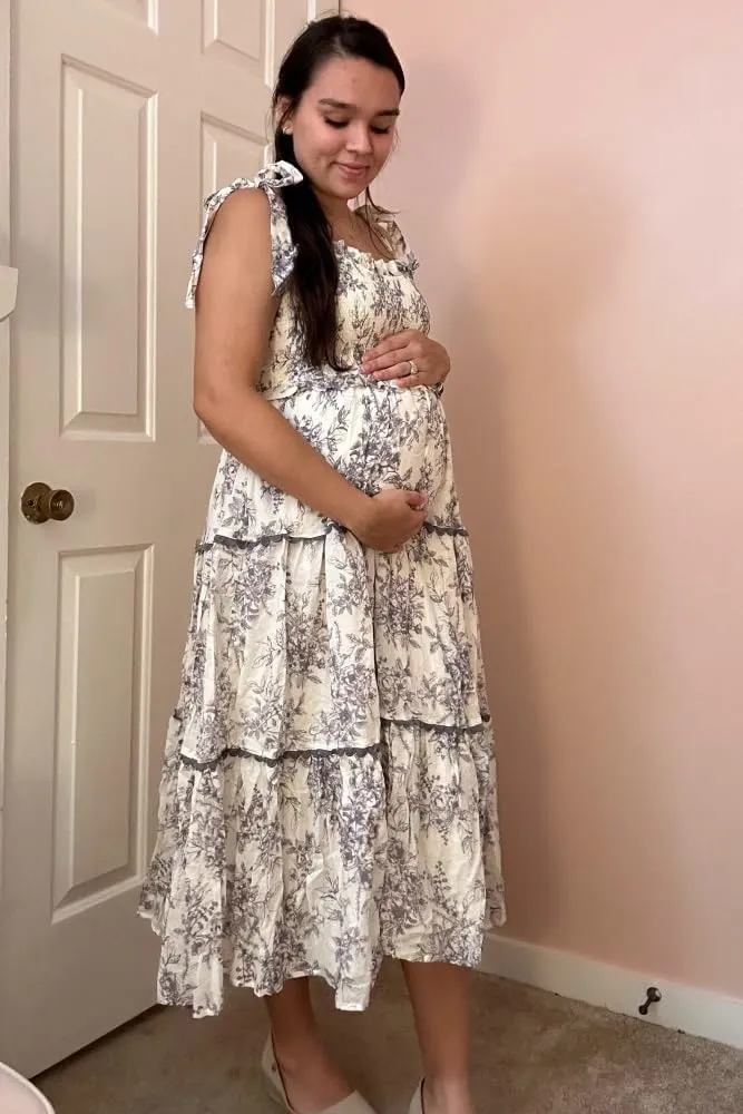 PinkBlush Floral Sleeveless Ruffle Tiered Maternity Midi Dress