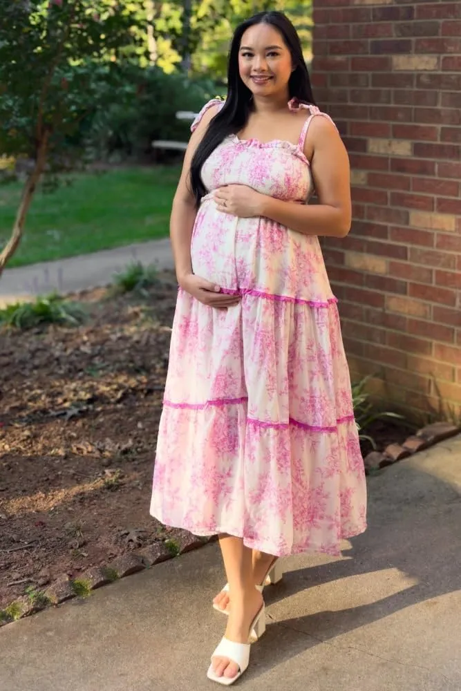 PinkBlush Floral Sleeveless Ruffle Tiered Maternity Midi Dress