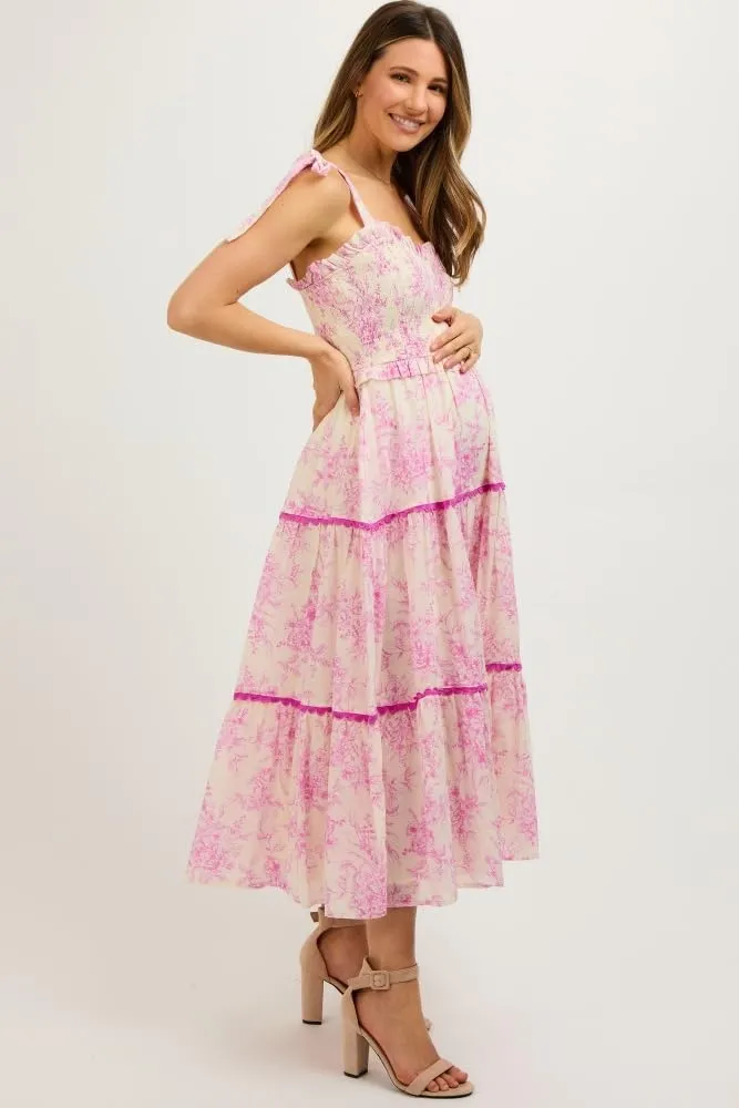 PinkBlush Floral Sleeveless Ruffle Tiered Maternity Midi Dress