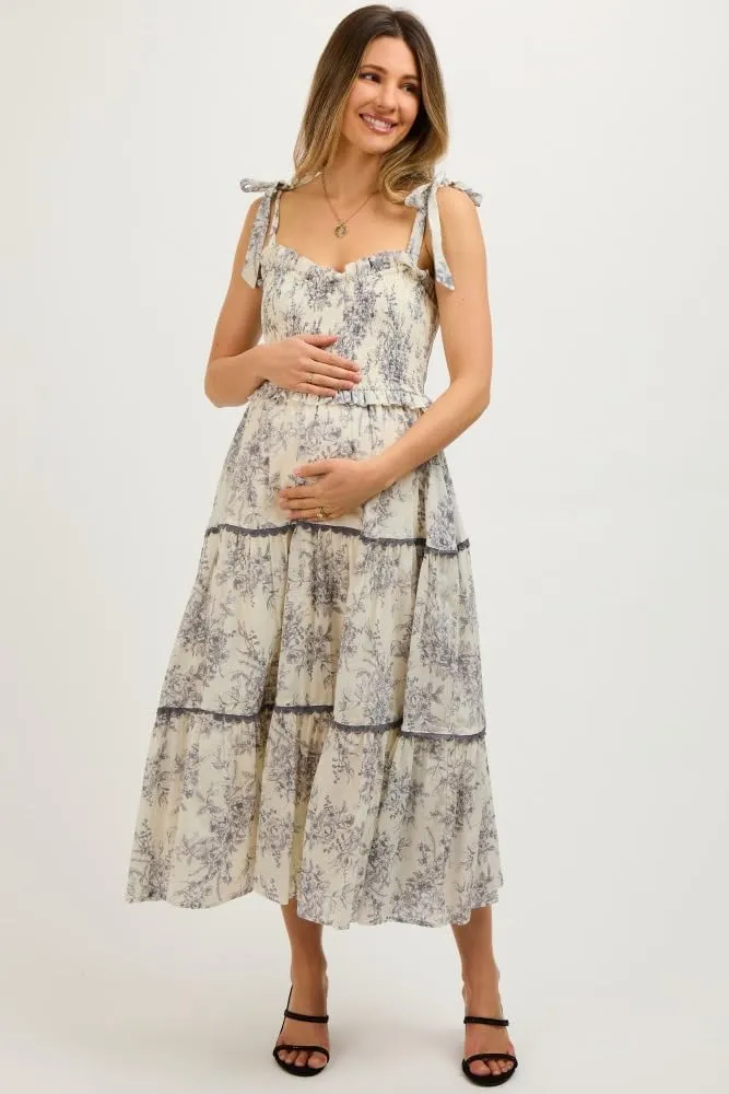 PinkBlush Floral Sleeveless Ruffle Tiered Maternity Midi Dress