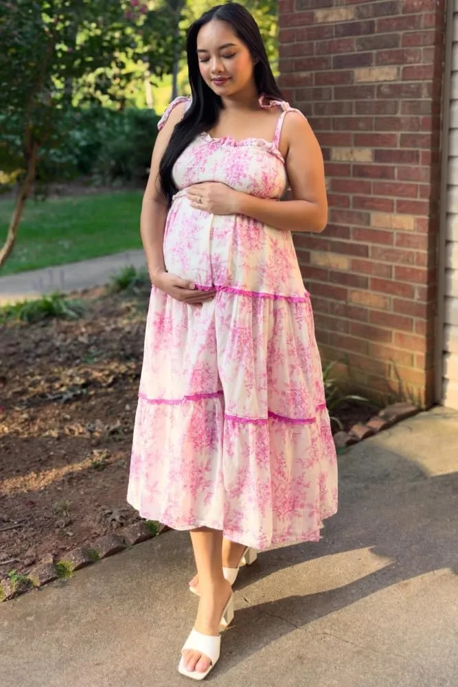 PinkBlush Floral Sleeveless Ruffle Tiered Maternity Midi Dress