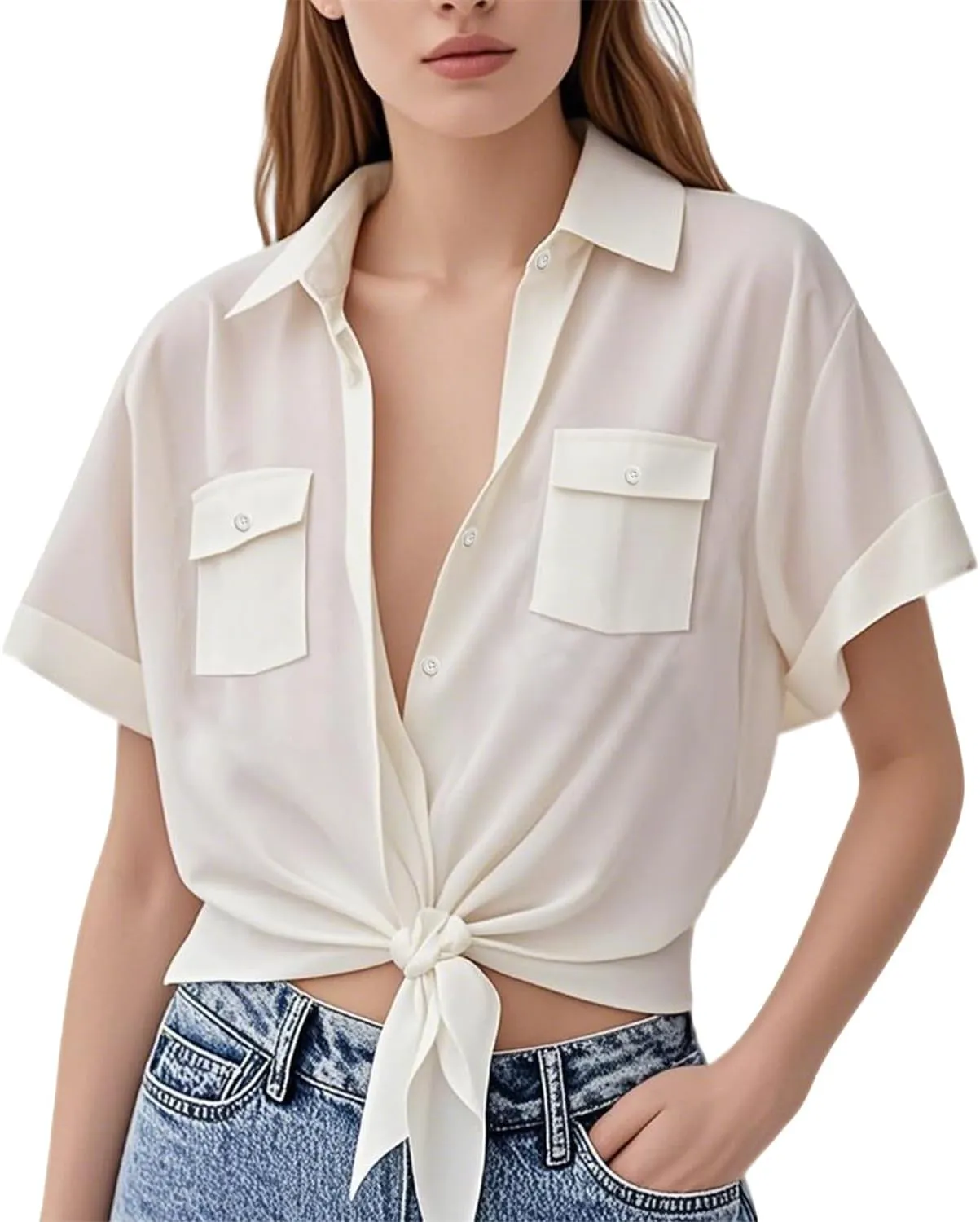 SRHJOPNFR Womens Button Down Shirt Fashion Tie Front Knot Short Sleeve Tops Casual Business Blouse