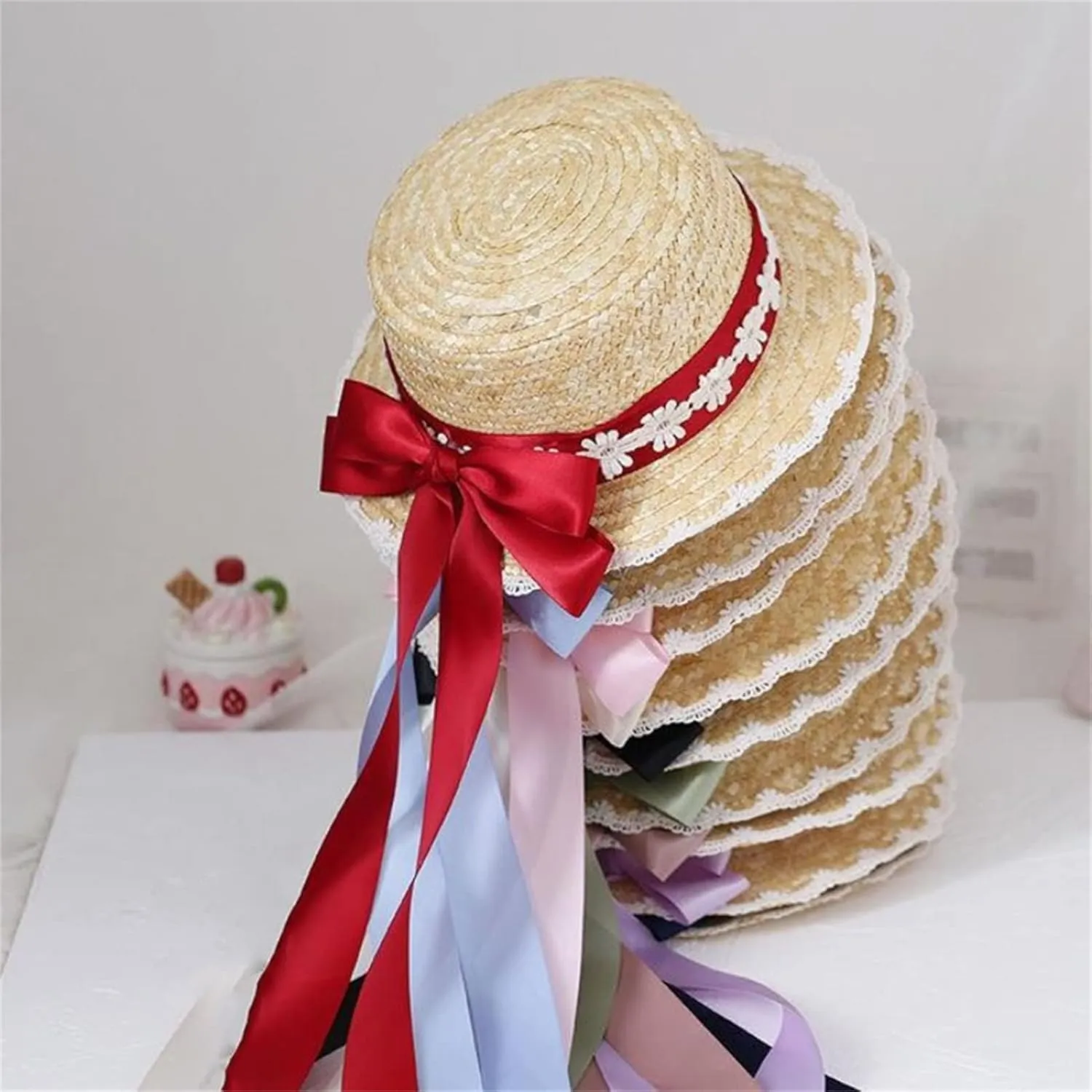 Straw Hat Women TeaParty Sunhat Bows Straw Hat Ribbon Straw Hat Straw Beachs Hat Sunhat Black