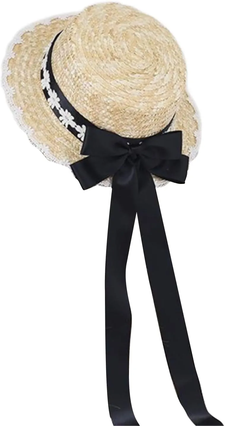 Straw Hat Women TeaParty Sunhat Bows Straw Hat Ribbon Straw Hat Straw Beachs Hat Sunhat Black