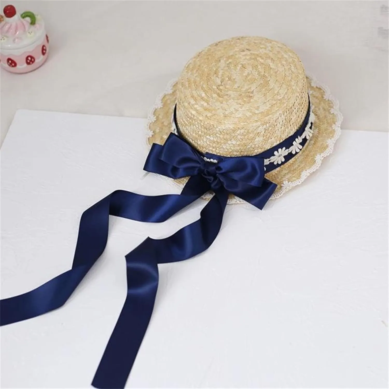 Straw Hat Women TeaParty Sunhat Bows Straw Hat Ribbon Straw Hat Straw Beachs Hat Sunhat Black