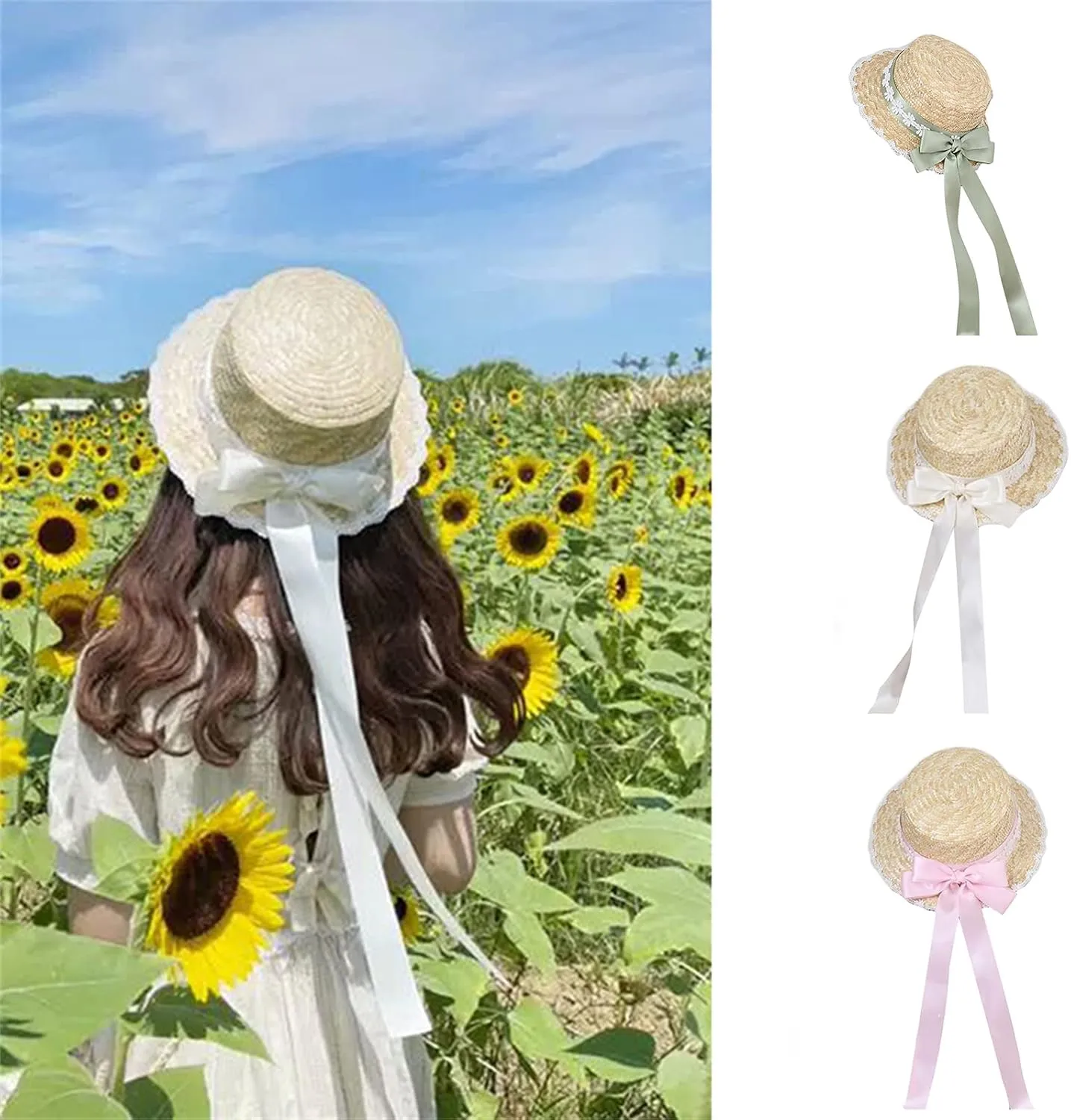 Straw Hat Women TeaParty Sunhat Bows Straw Hat Ribbon Straw Hat Straw Beachs Hat Sunhat Black