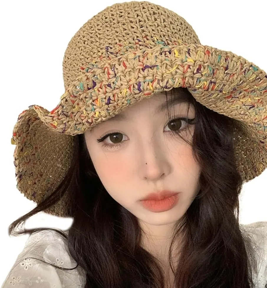 Straw Woven Beach Hats for Women Wide Brim Sun Hats for Women UV Protection Bucket Hat Sun Cap Beach Travel Holiday