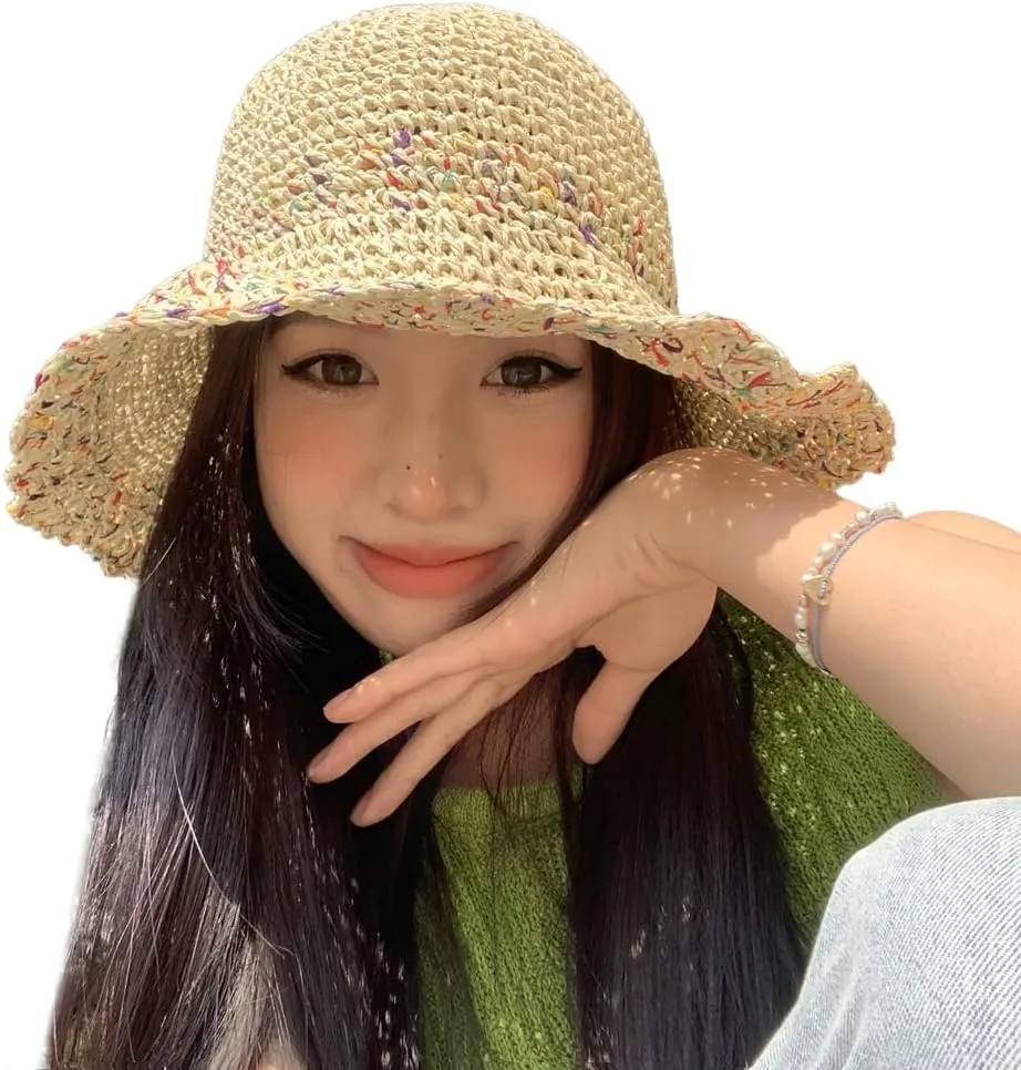 Straw Woven Beach Hats for Women Wide Brim Sun Hats for Women UV Protection Bucket Hat Sun Cap Beach Travel Holiday