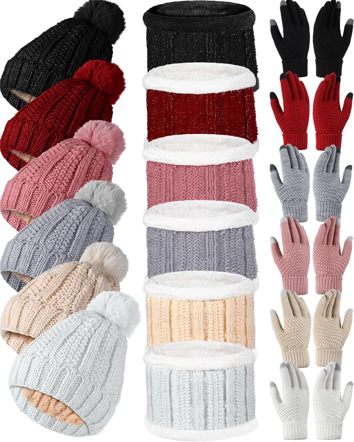 Suhine 18 Pcs Winter Beanie Hat Scarf Gloves Set for Women Include 6 Pcs Knit Hat Warm Beanie with Pompom 6 Pcs Fleece Lined Neck Warmer 6 Pair Warm Touchscreen Gloves for Women Gifts Christmas